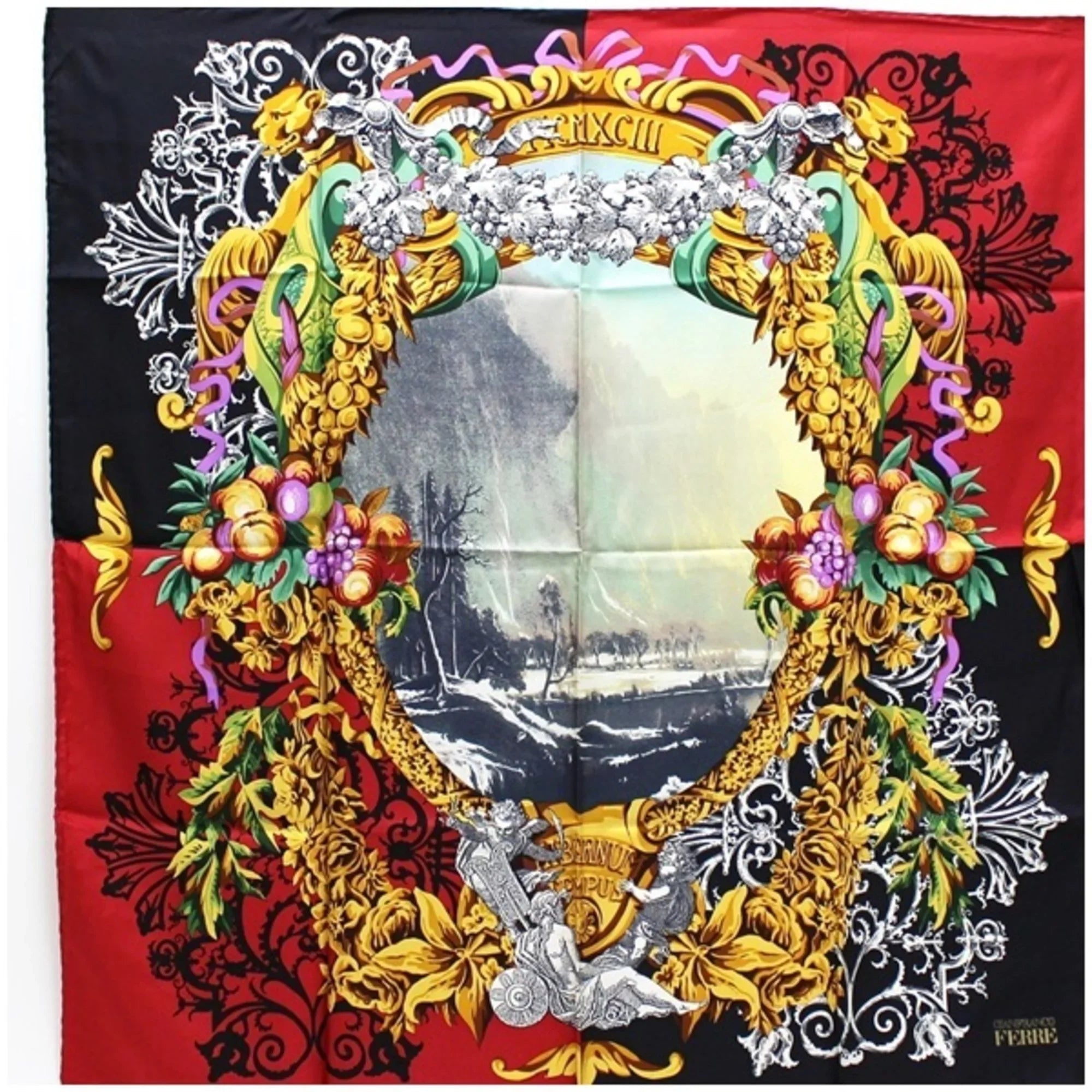 Pre-Owned Gianfranco Ferré Silk Scarf Stole Red x Black Multicolor   Ladies (Good)