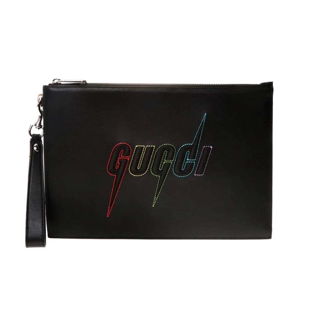 New Gucci Blade Embroidered Black Leather Pouch Wristlet Bag 597678