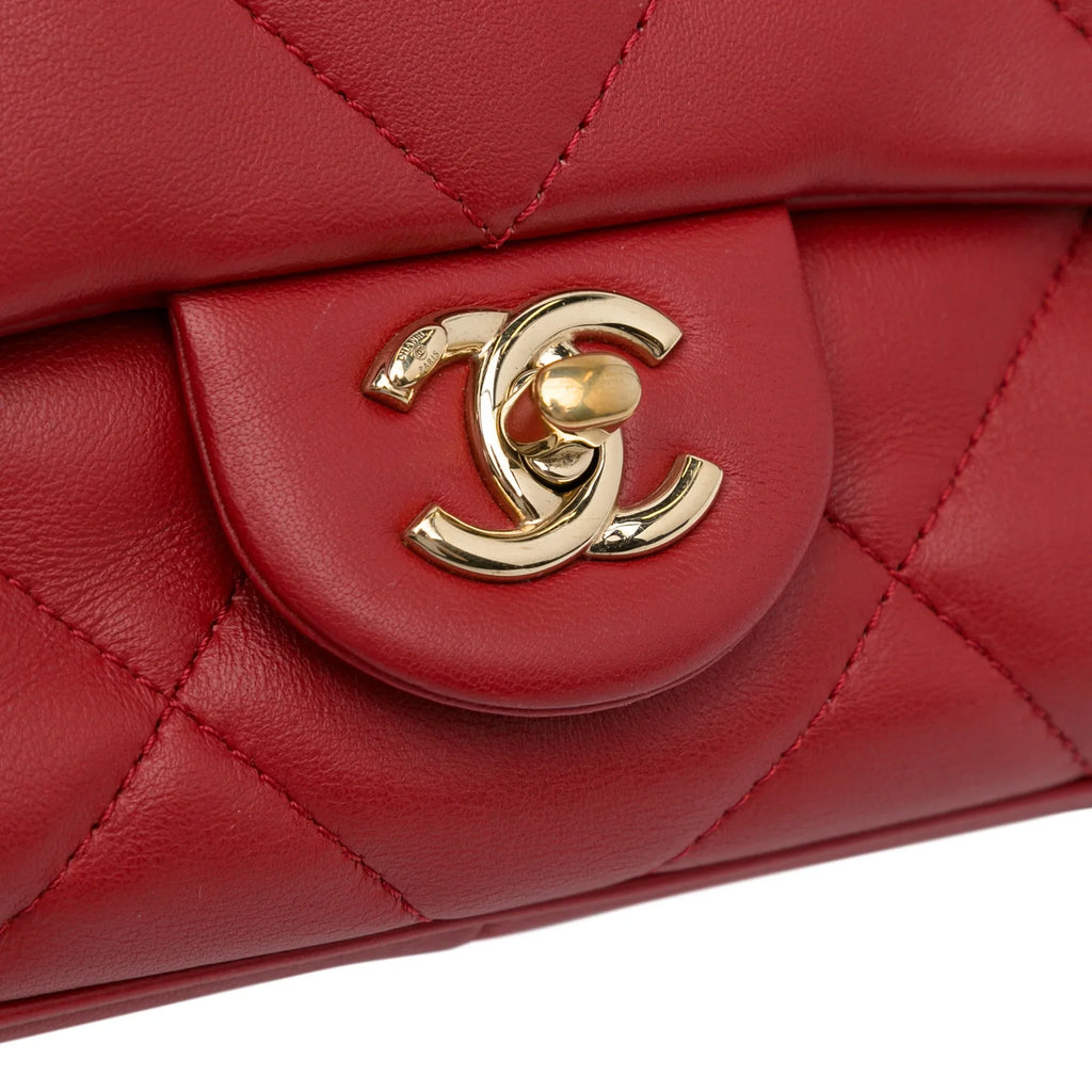 Pre-Owned Authenticated Chanel Small Easy Carry Flap Bag Lambskin Leather Red Satchel Unisex (Good)