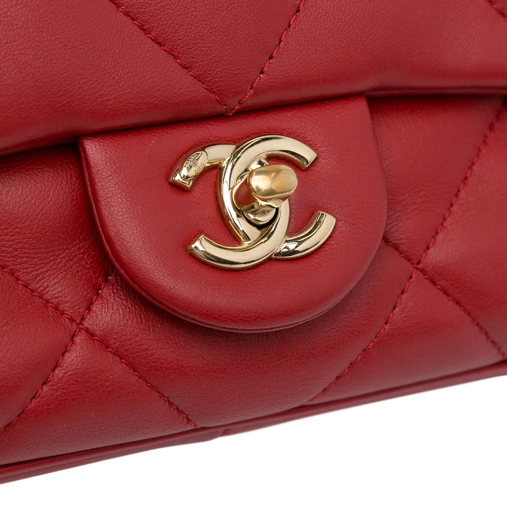 Pre-Owned Authenticated Chanel Small Easy Carry Flap Bag Lambskin Leather Red Satchel Unisex (Good)