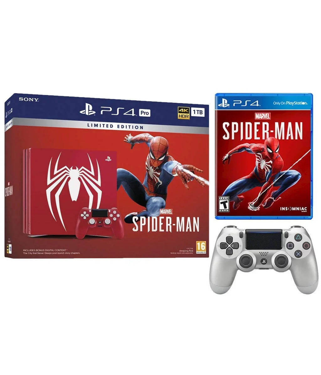 PlayStation 4 Pro Marvel\'s Spider-Man Limited Edition Amazing Red 1TB Console and Extra Midnight Blue Dualshock Wireless Controller Bundle