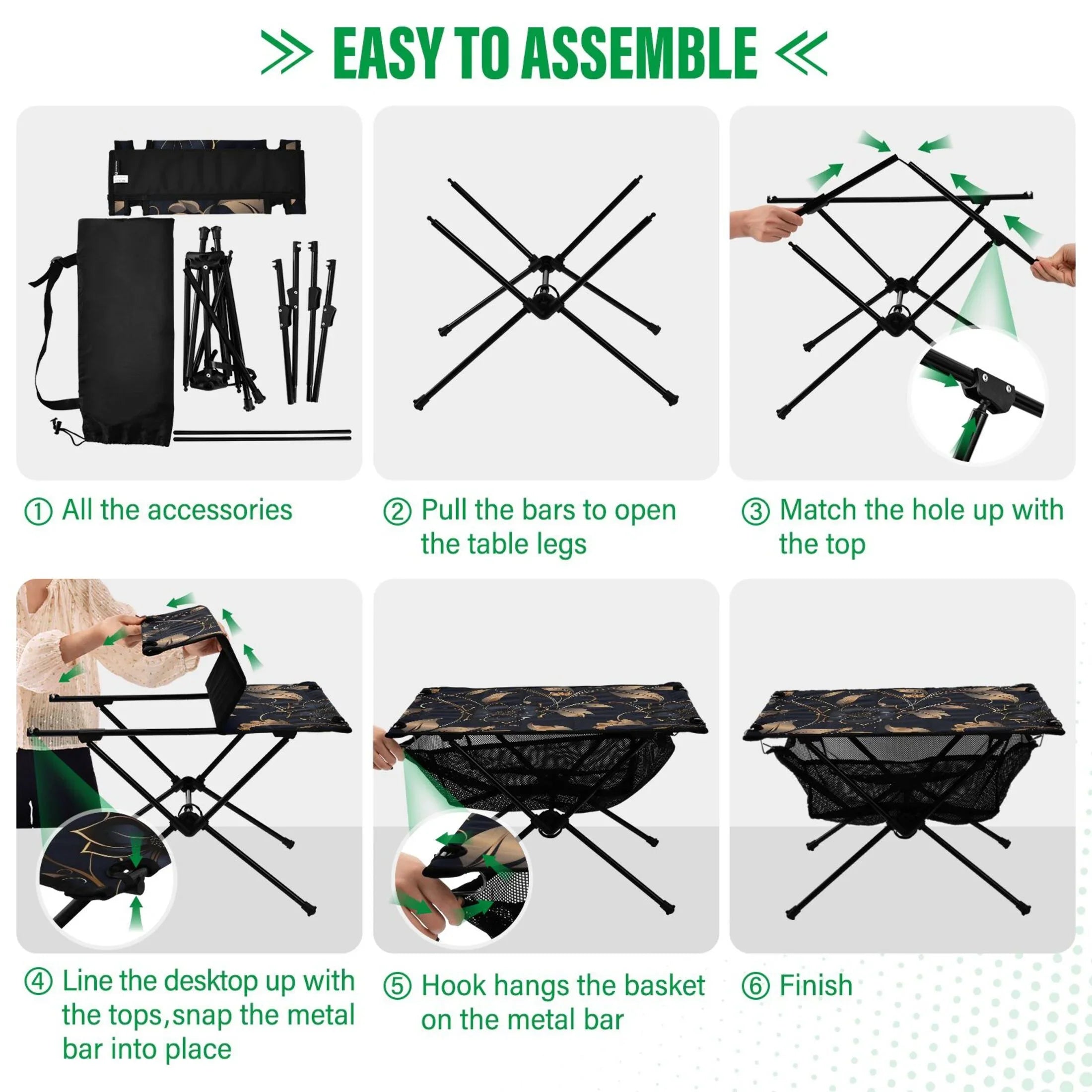Flower on Black Camping Folding Table Portable Beach Table with Storage Bag Compact Picnic Table for Outdoor Travel Fishing