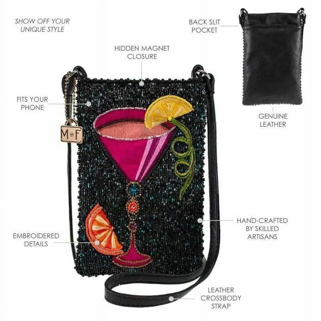 Mary Frances Take a Sip Leather Crossbody Phone Bag Cocktail Beaded Shoulder Bag