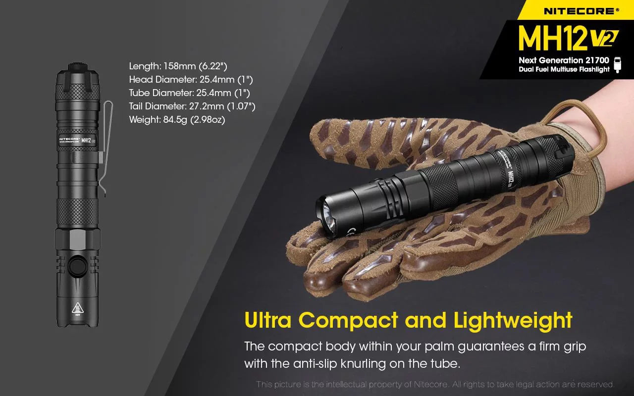 Combo: Nitecore MH12 V2  -L2 V6  Flashlight -1200 Lumens -21700 Battery (Included) + NL2150HPi 21700 5000mAh Battery