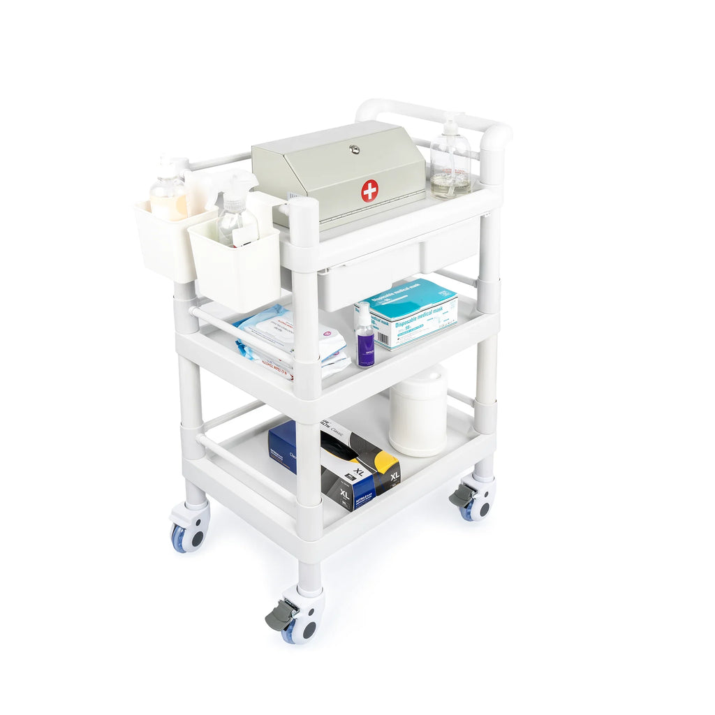 Medical Mobile Trolley Cart 3 Tier 500 Lbs Spacious Beauty Salon Rolling Trolley with Dirt Buckets Drawers 360°Rotate Wheels Heavy Duty Medical Utility Cart for Hospital Dental Clinic
