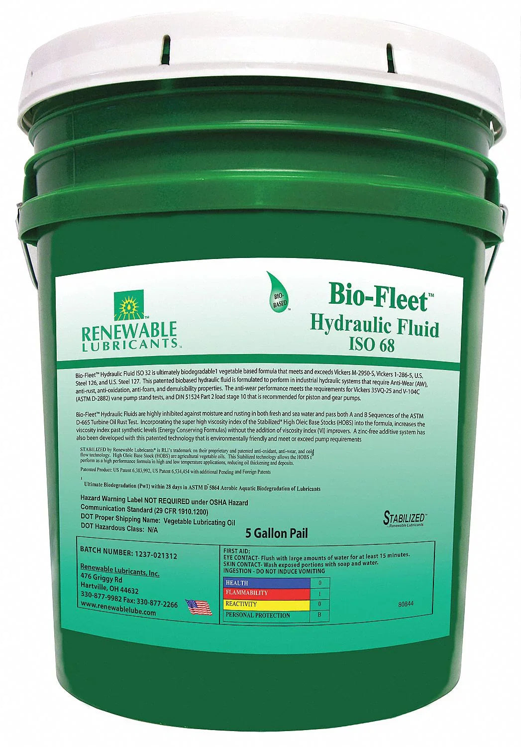 Renewable Lubricants Biodegradable Hydraulic Oil,5 Gal, 68  80844