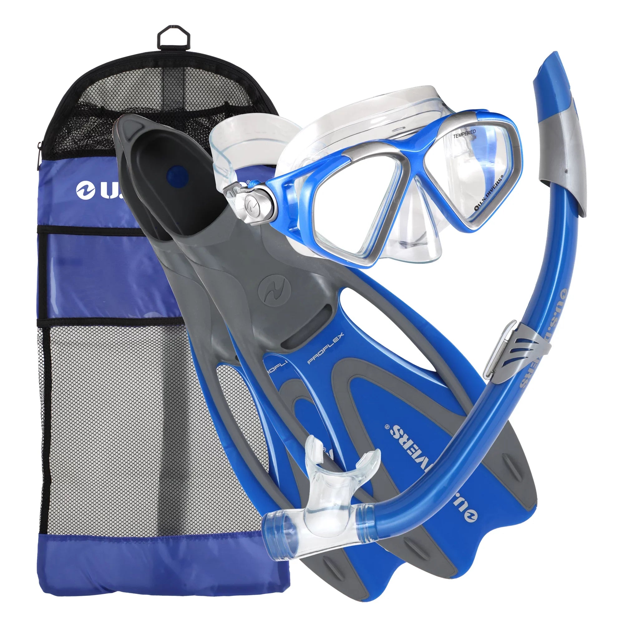 U.S. Divers Adult Cozumel Mask, Seabreeze  Snorkel, ProFlex Fins, Gear Bag Set
