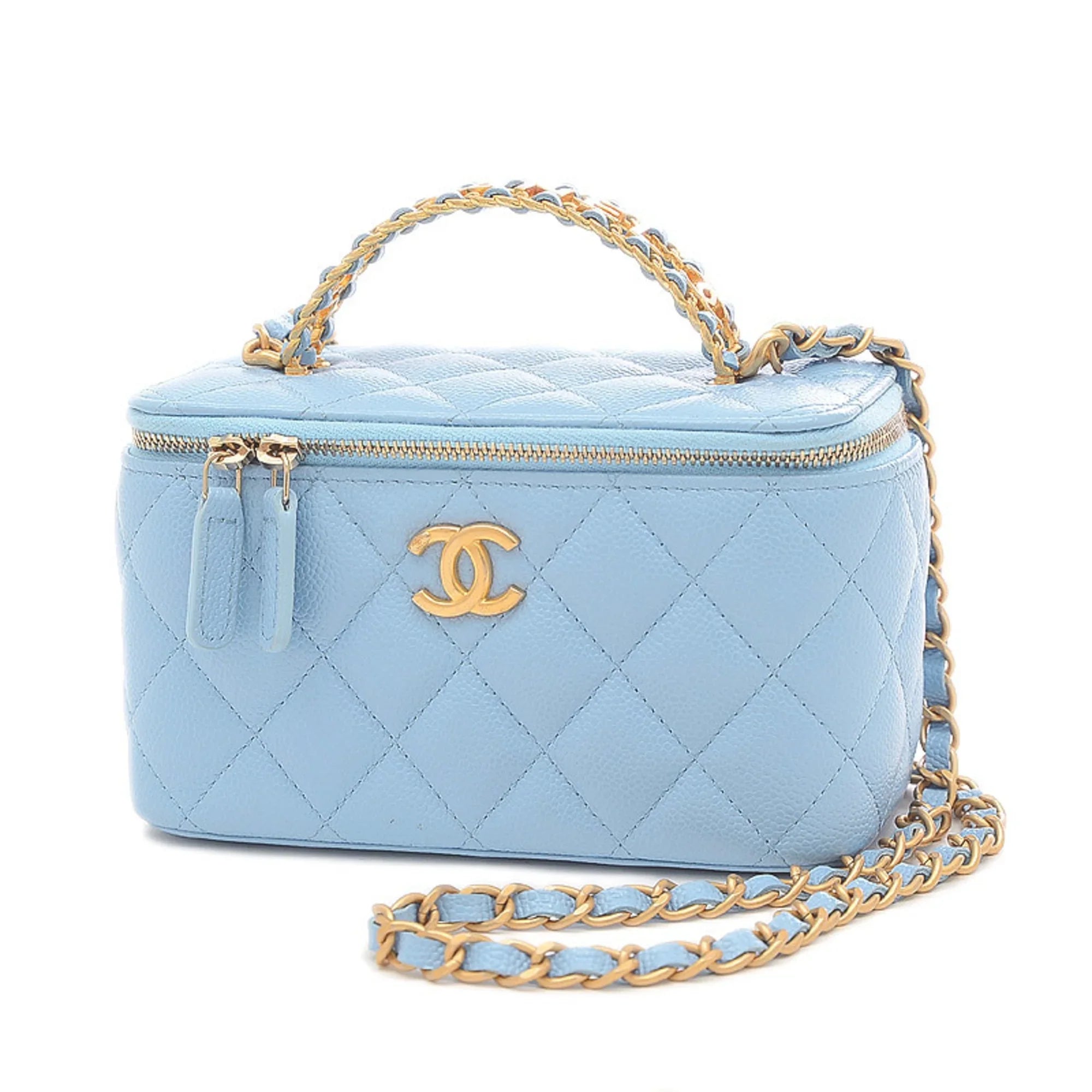 Pre-Owned Chanel Logo Handle Vanity Shoulder Bag Caviar Skin Blue Gold Hardware AP2805 (Good)
