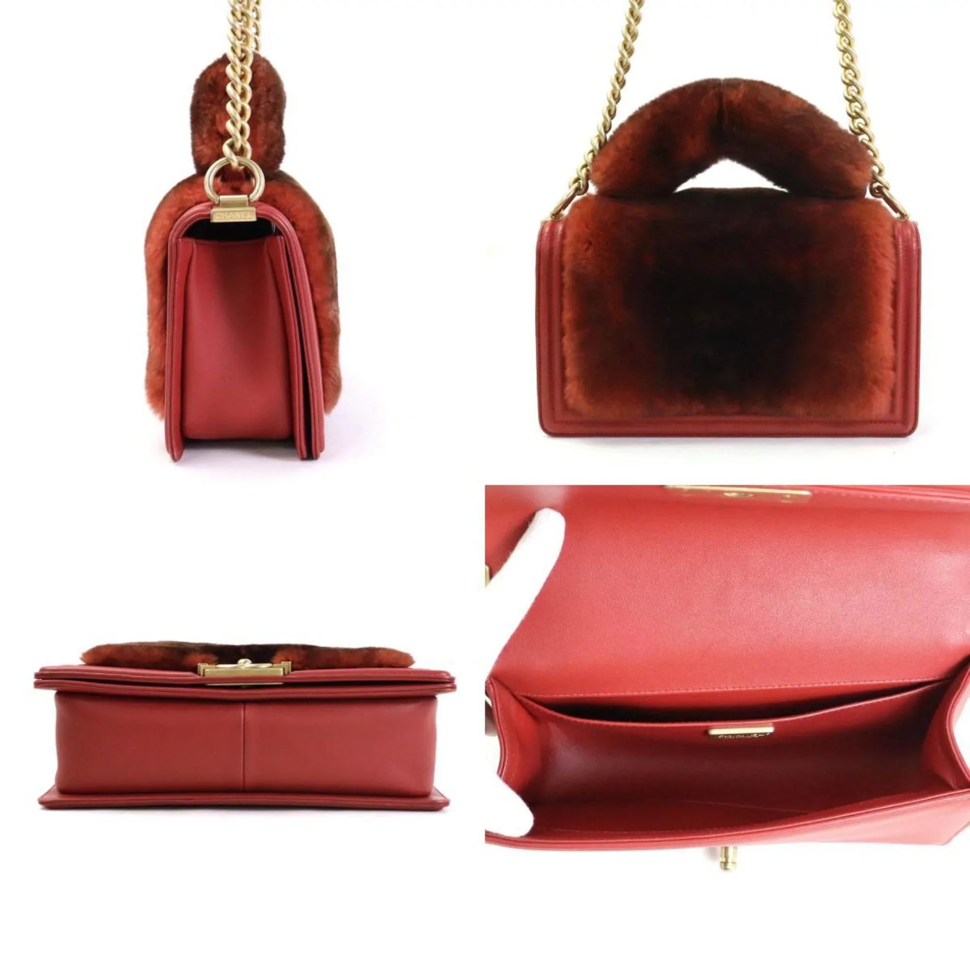 Pre-Owned Chanel  handbag diagonal shoulder bag boy fur/leather brown red gold ladies e55871a (Good)