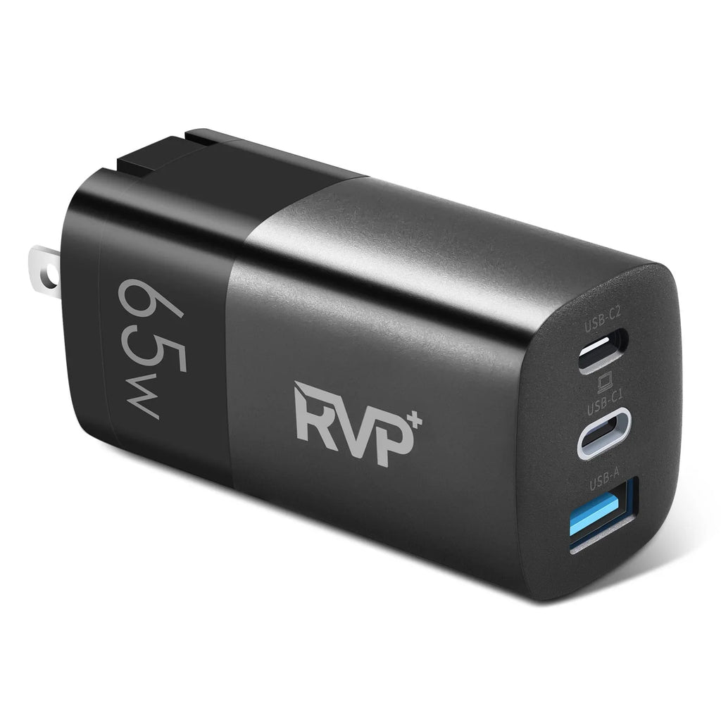 '+ 65W  C and  A Charger, (GaN) Tech Power Adapter, 3-Port Wall Charger, Foldable Fast Charger for iPhone, Smartphones, Tablets, Laptops - Black