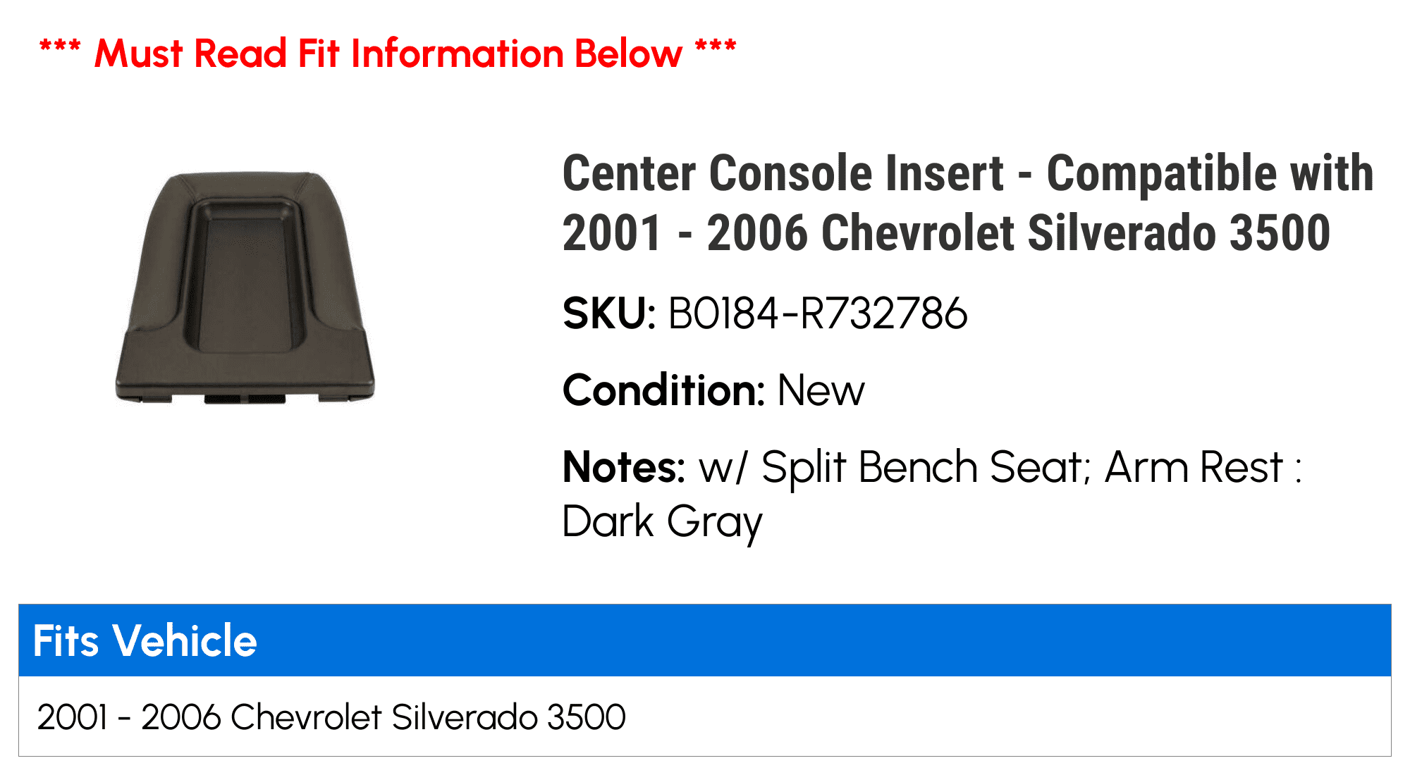 Center Console Insert - Compatible with 2001 - 2006 Chevy Silverado 3500 2002 2003 2004 2005