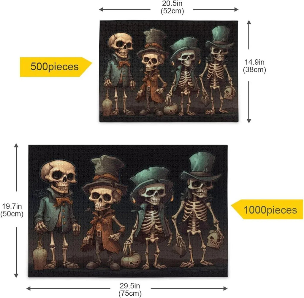Dreamtimes 500  Wooden Jigsaw Puzzle Halloween Skeleton Print, Zigsaw with Alphabet Partition Storage Bag, Puzzle for Adults, Challenging Brain Exercise Family Game Gift for Kids Friends Parents