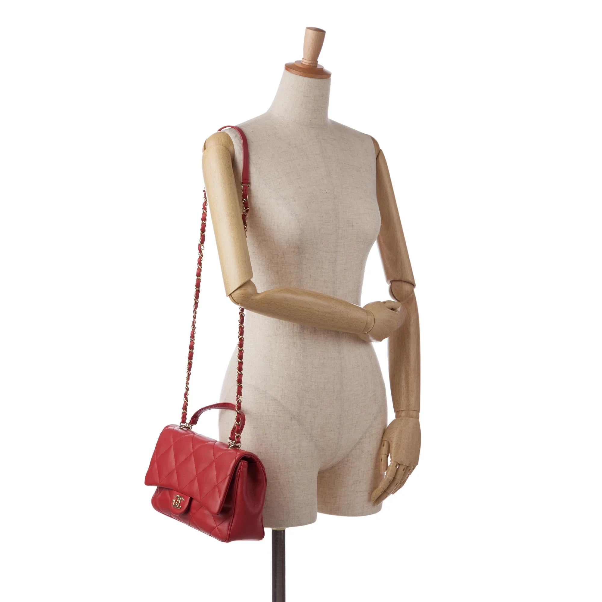 Pre-Owned Authenticated Chanel Small Easy Carry Flap Bag Lambskin Leather Red Satchel Unisex (Good)