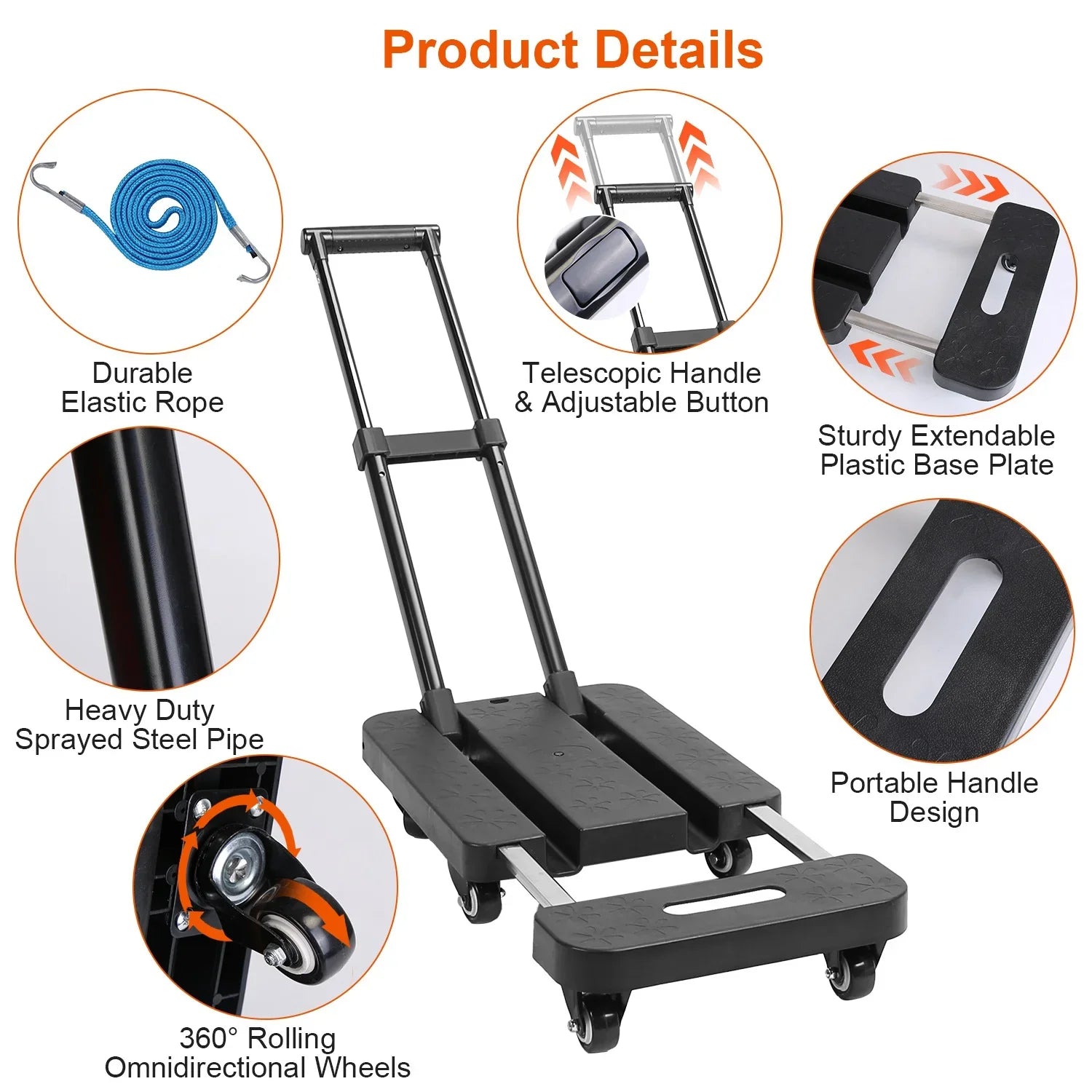 Folding Hand Truck iMounTEK 165LBS Heavy Duty Luggage Cart Utility Dolly Platform Cart for Luggage with Retractable Handle 1 Elastic Ropes Black
