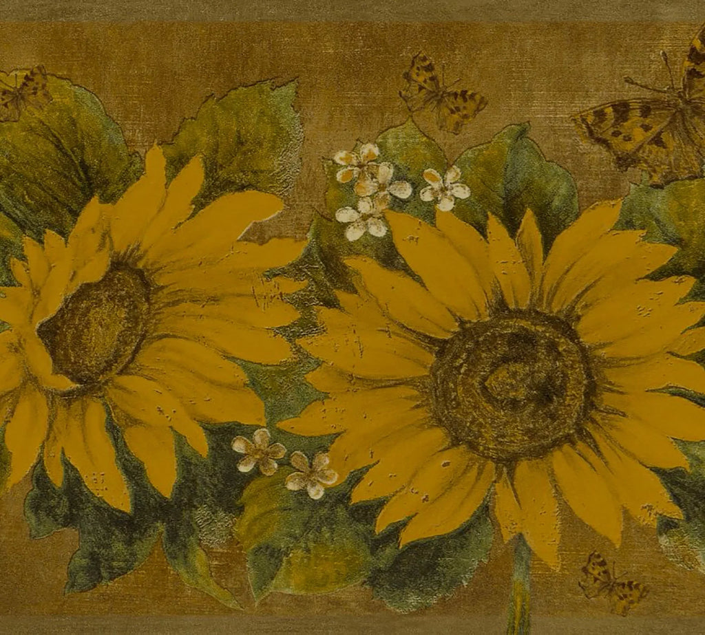Dundee Deco Peel and Stick Self Adhesive Wallpaper Border - Floral Yellow, Mustard Sunflowers, Butterflies, 15 ft x 7 in