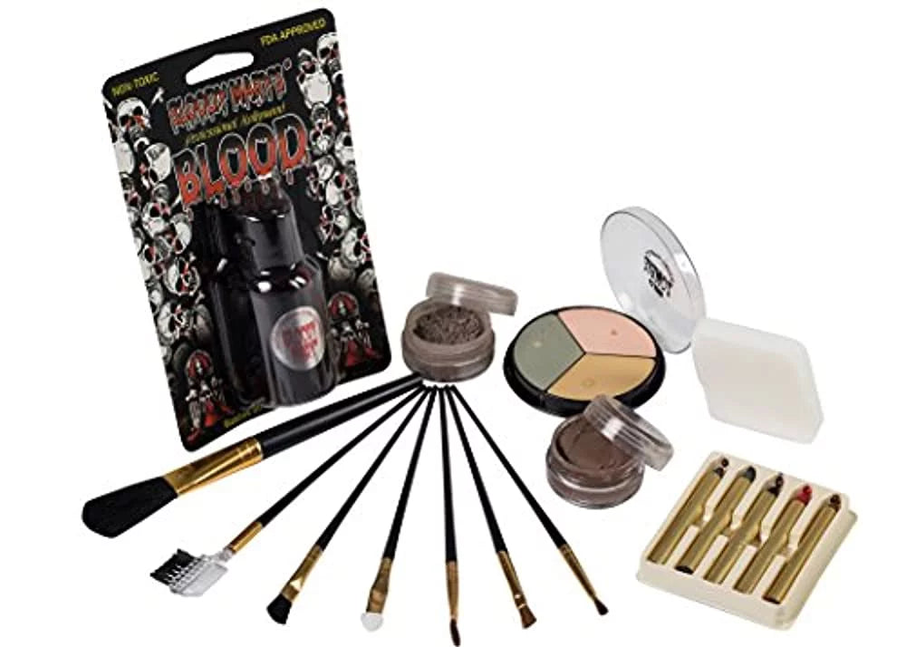 Zombie Makeup Kit By Bloody Mary - Halloween Costume Special Effects Palette - Walking Dead  Makeup Tools - 5 Crayons, Blood, Setting Powder, 4 Application Brushes, 1 Sponge - Carrying Case Included