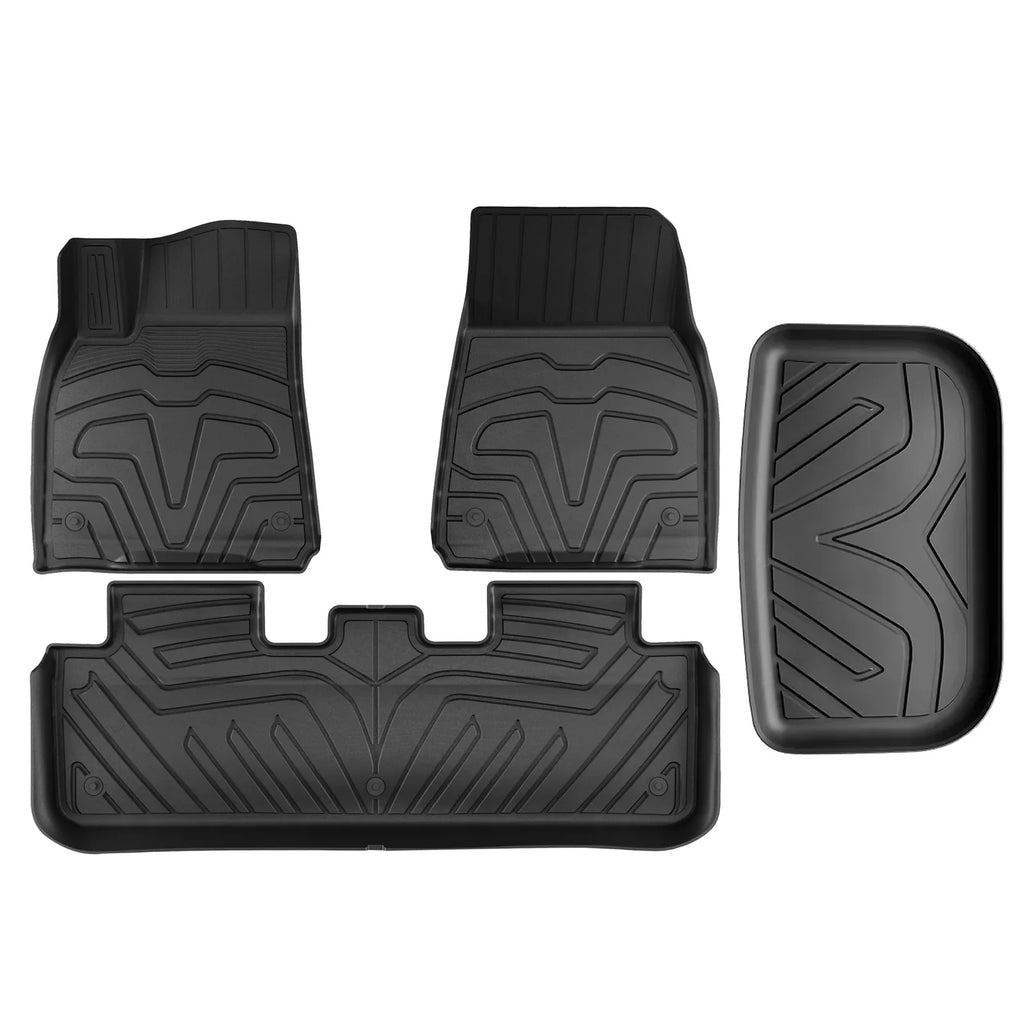 Ikon Motorsports 3D  Floor Mats + Trunk Mat Compatible with 2020-2023 Tesla Model Y, All Weather Floor Liners, Front & 2nd Row Full Set Custom Protection Heavy Duty Rear Tray Cargo Mats, Black