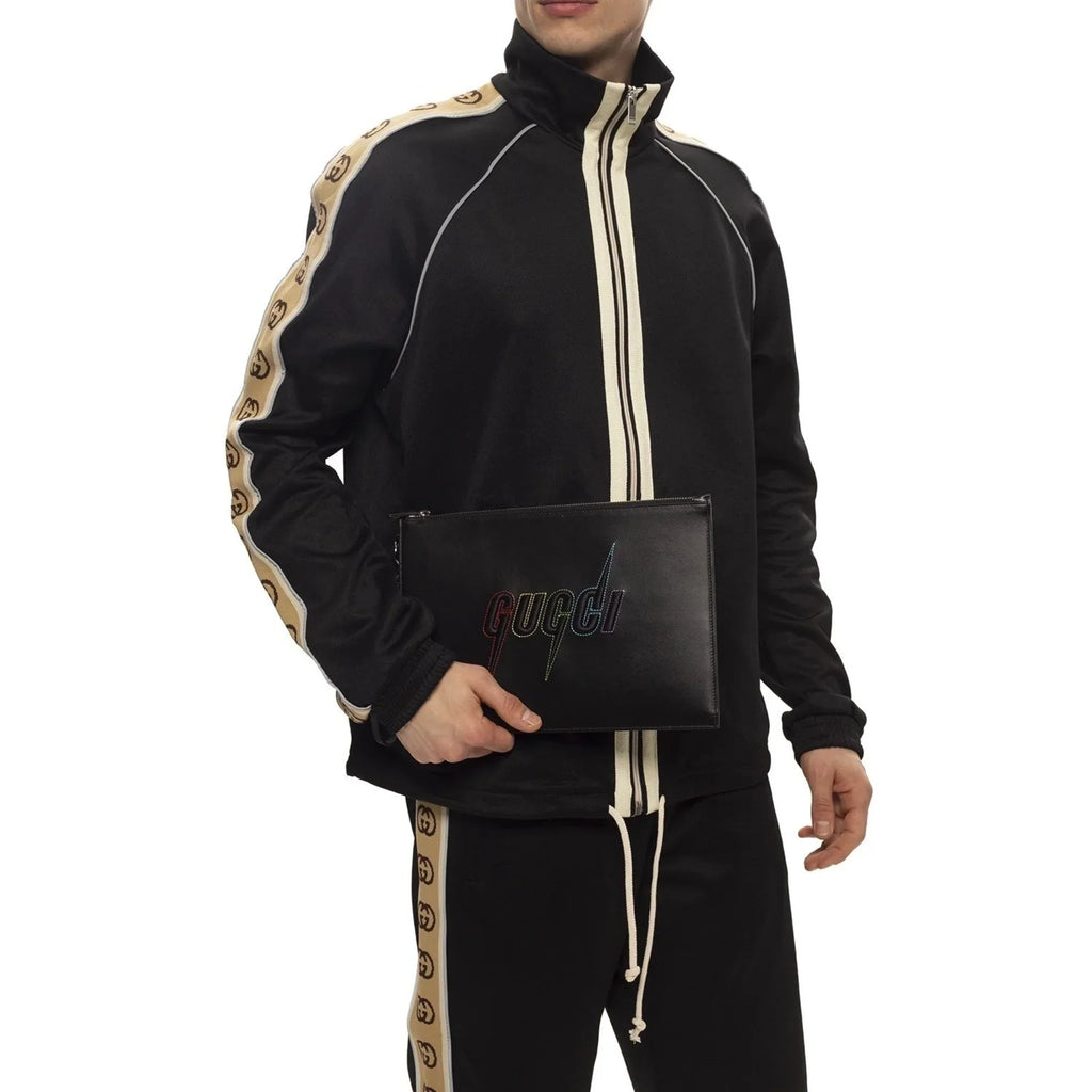 New Gucci Blade Embroidered Black Leather Pouch Wristlet Bag 597678