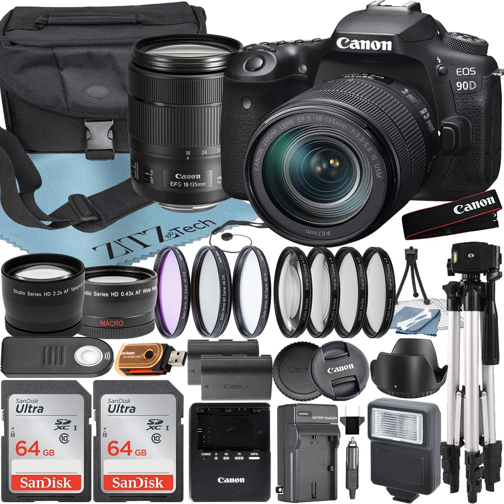 Canon  90D  Camera with 18-135mm   Lens + 2 Pieces SanDisk 64GB Card + Case + Telephoto + Tripod + ZeeTech Accessory Bundle
