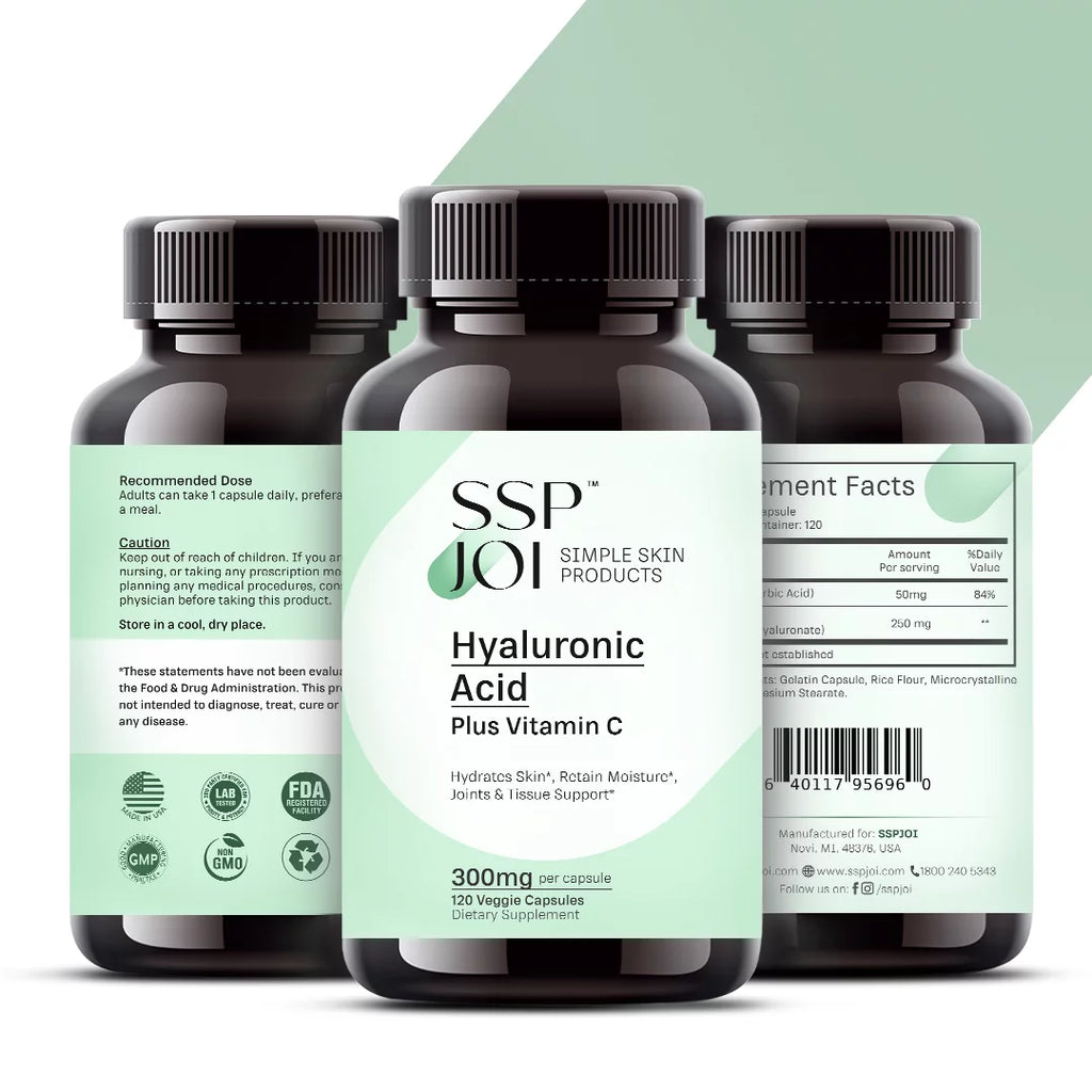 Hyaluronic Acid 250mg with 50mg Vitamin C per Capsule - 120 Veggie Capsules - Supports Skin Hydration, Youthful Skin, Joints Lubrication