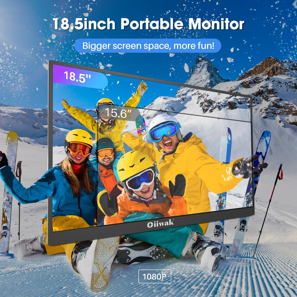 Oiiwak 18.5 inch Large Portable Monitor,100HZ Second Screen Extender for Laptop, 100% sRGB 1080P   Frameless Travel Gaming Monitor, Dual Speakers, 180° Foldable Stand &