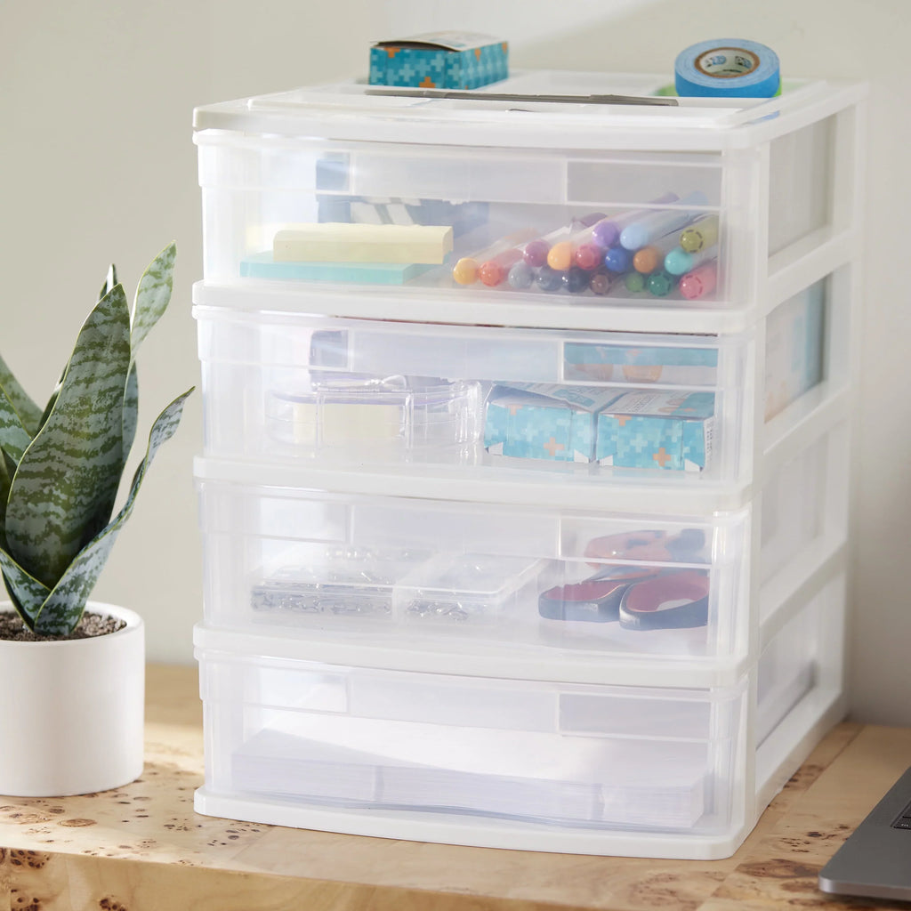 Gracious Living 4 Drawer Desktop Storage w/ Organizer Lid, White (4 Pack)