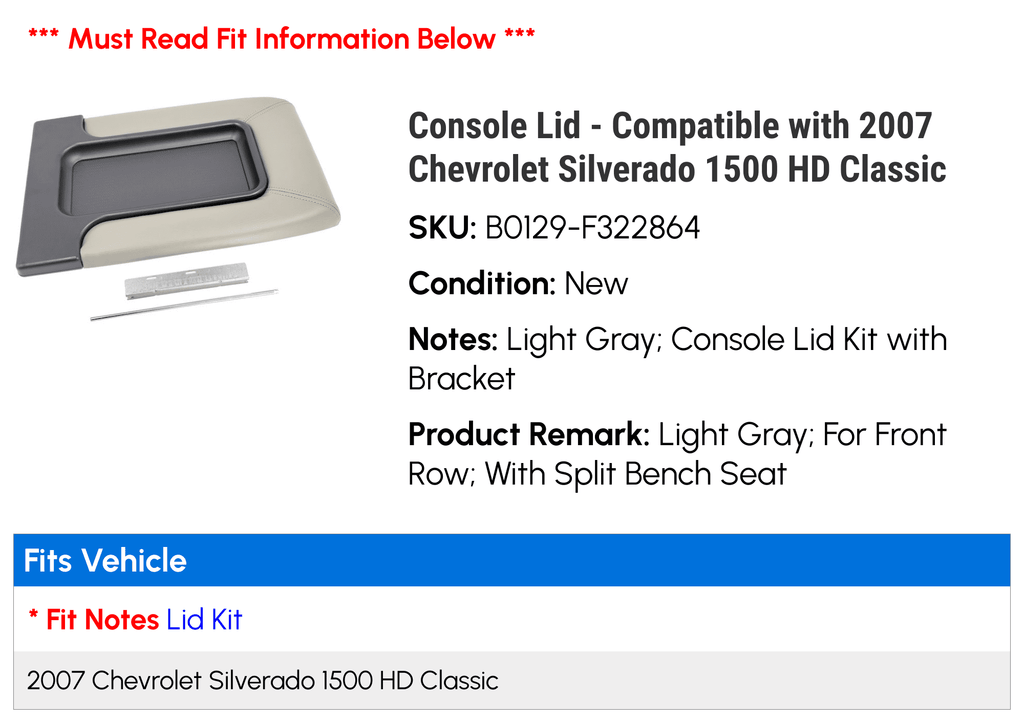 Console Lid - Compatible with 2007 Chevy Silverado 1500  Classic