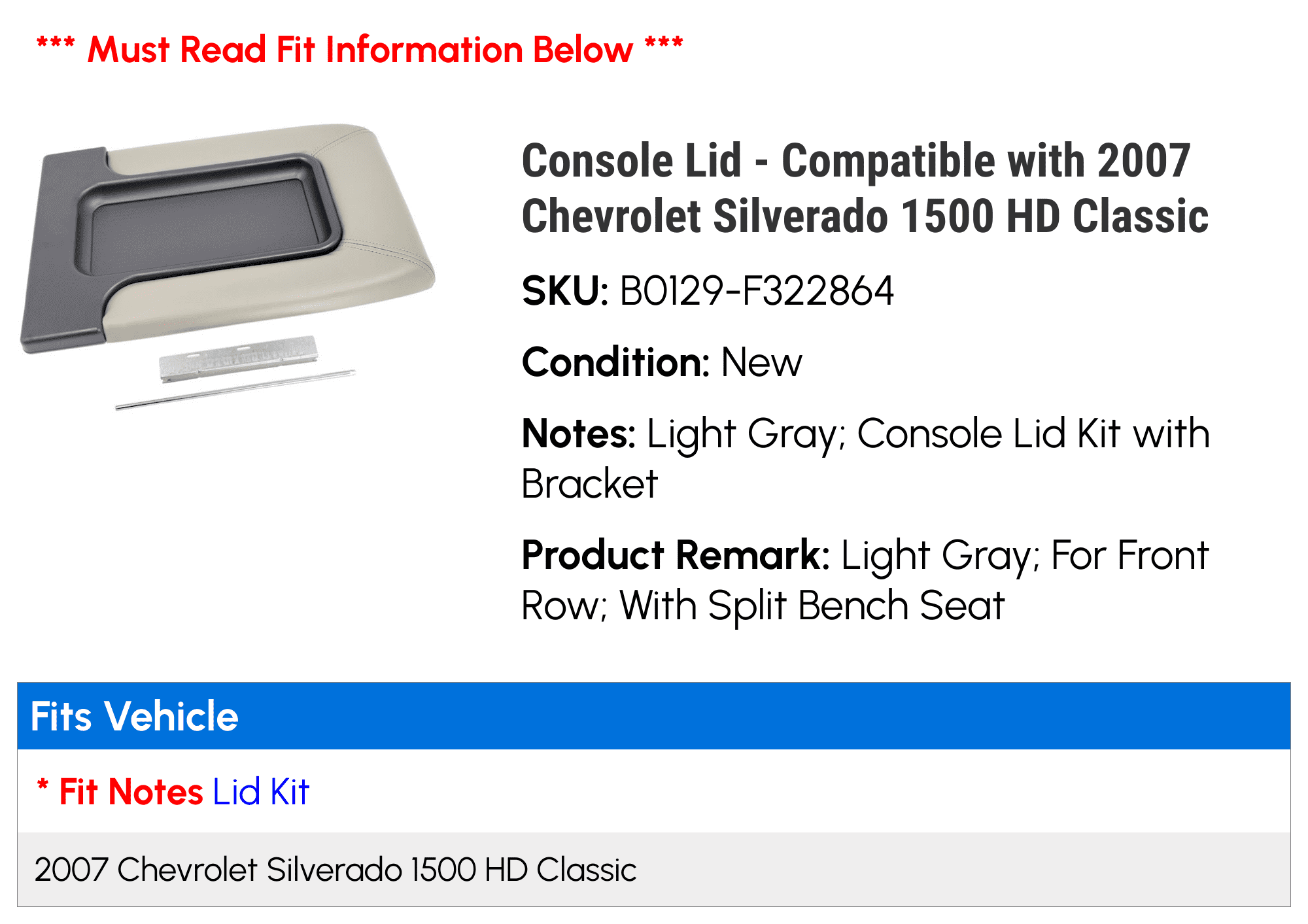 Console Lid - Compatible with 2007 Chevy Silverado 1500  Classic