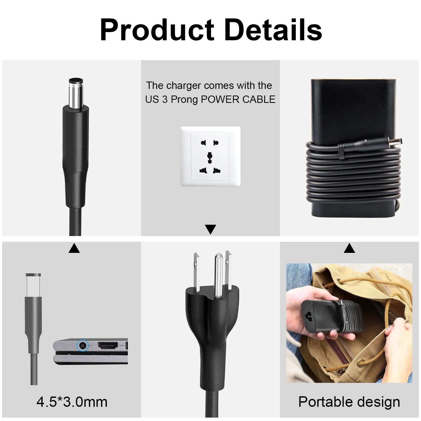 65W  Adapter Laptop Charger for Dell Inspiron 15-5565 5567 5568 7558 7568 7569