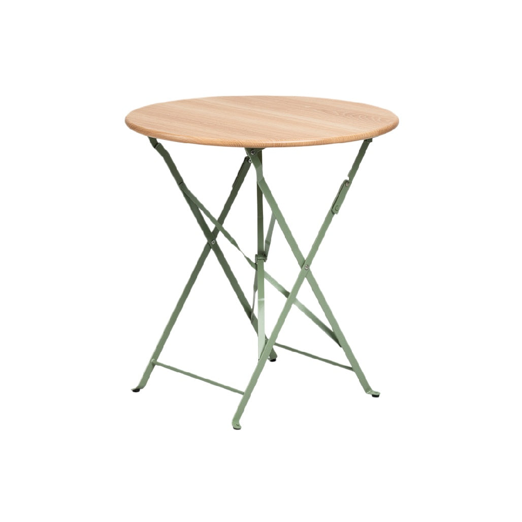 Folding Round Table with Wooden Top and Metal Frame