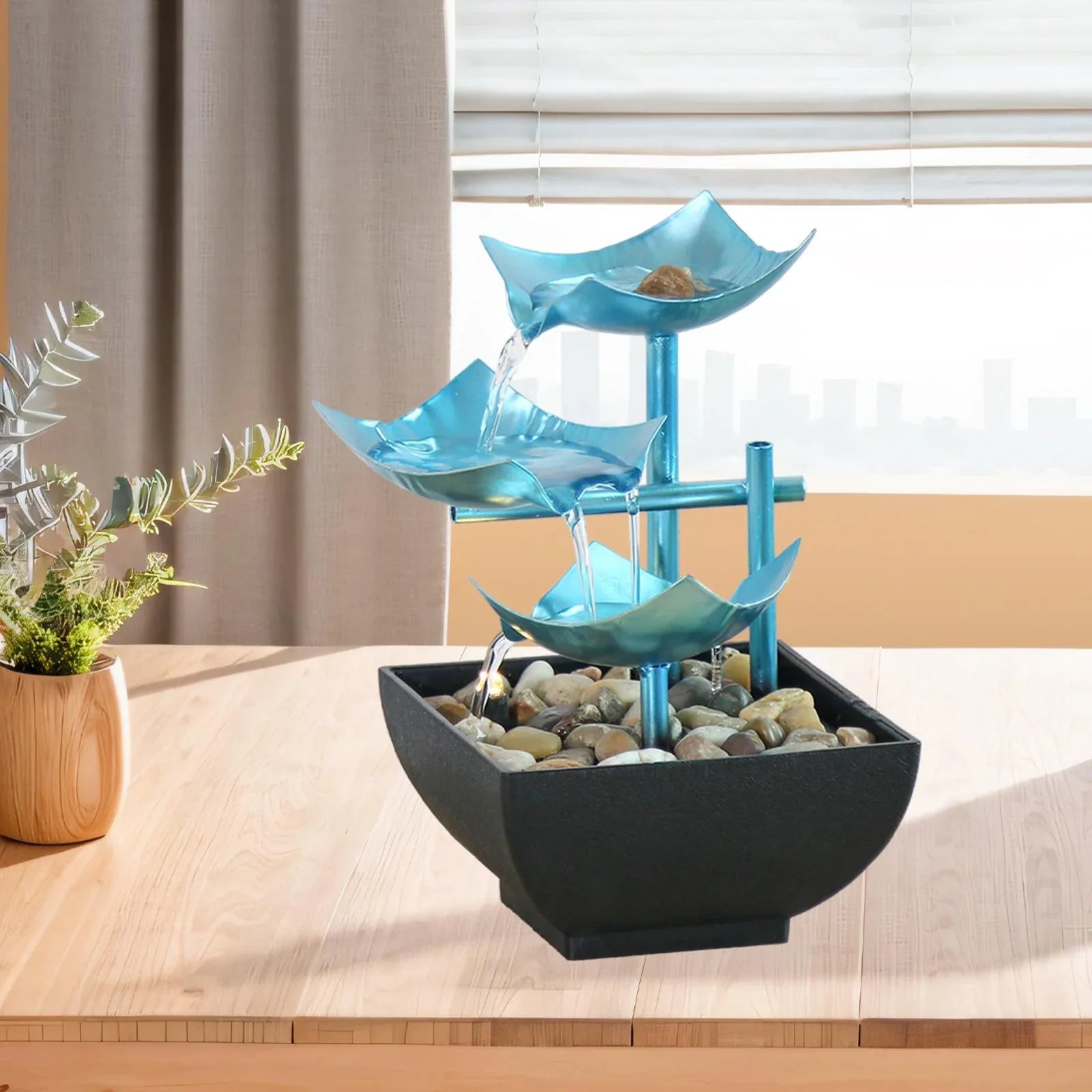 Menolana Indoor Tabletop Fountain Indoor Waterfall Fountain River Rocks Meditation Waterfall 3 Layer Fountain for Bedroom Desktop Living Room