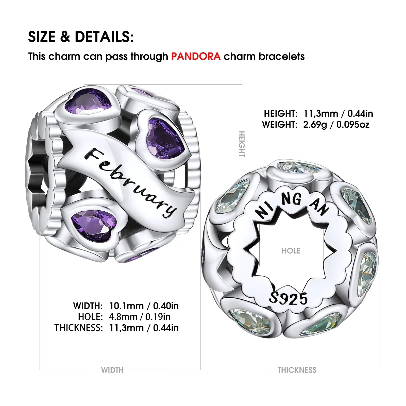 February Birthstone Charms for Pandora Bracelets 925 Sterling Silver Love Heart Openwork Bead Charms