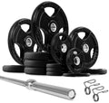 French Fitness Rubber Grip Weight Plate Set w/7 ft Olympic Bar 395 lbs (New)