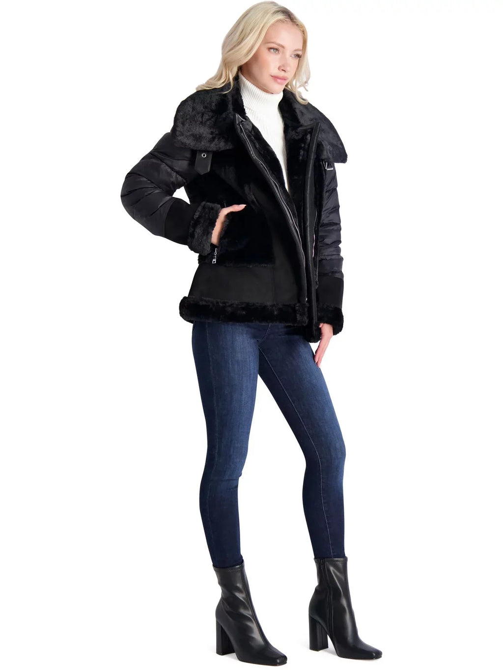 Tahari Women's Saylor Mixed Media Puffer Coat