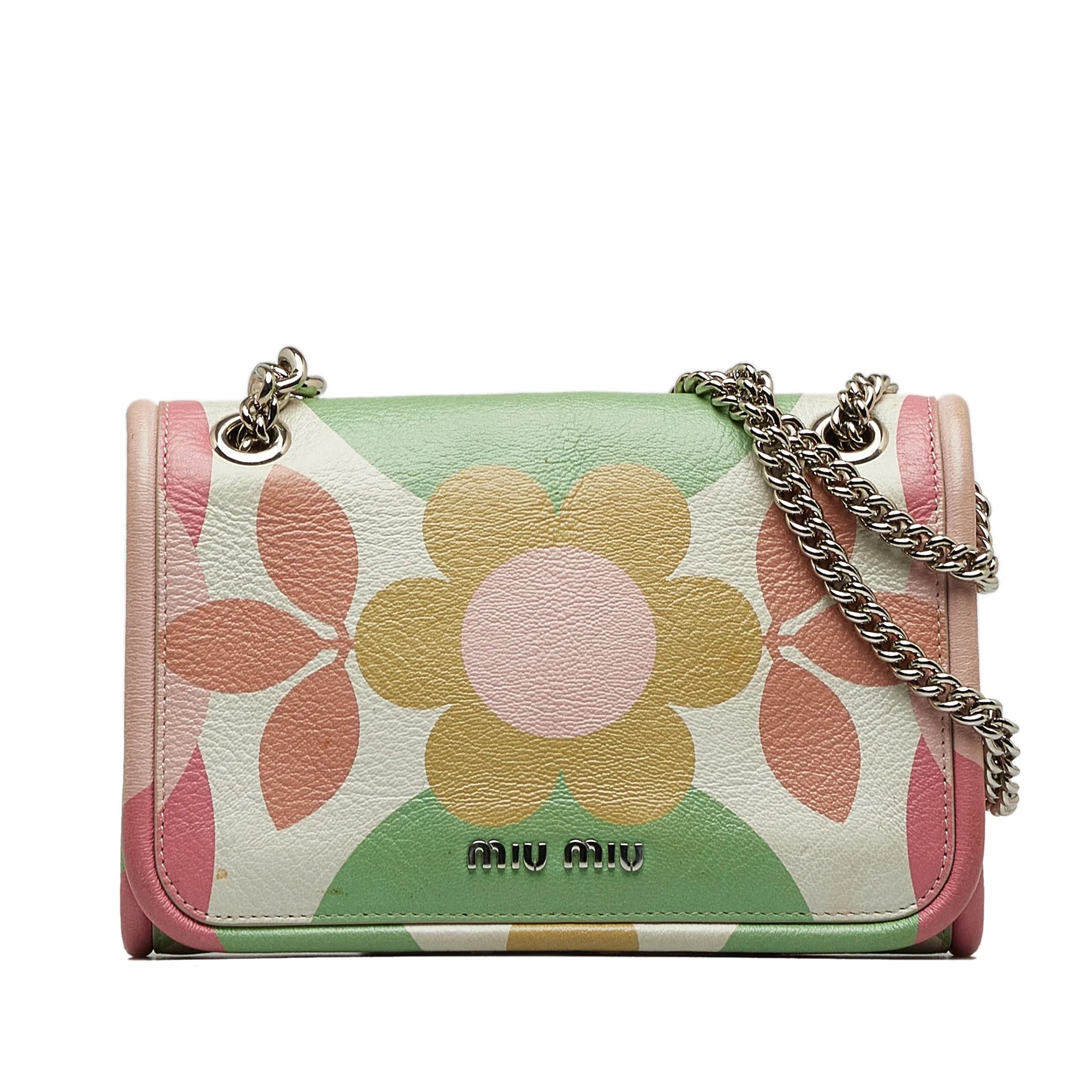 Pre-Owned Authenticated Miu Miu Flower Print Crossbody Calf Leather Pink Crossbody Bag Unisex (Good)