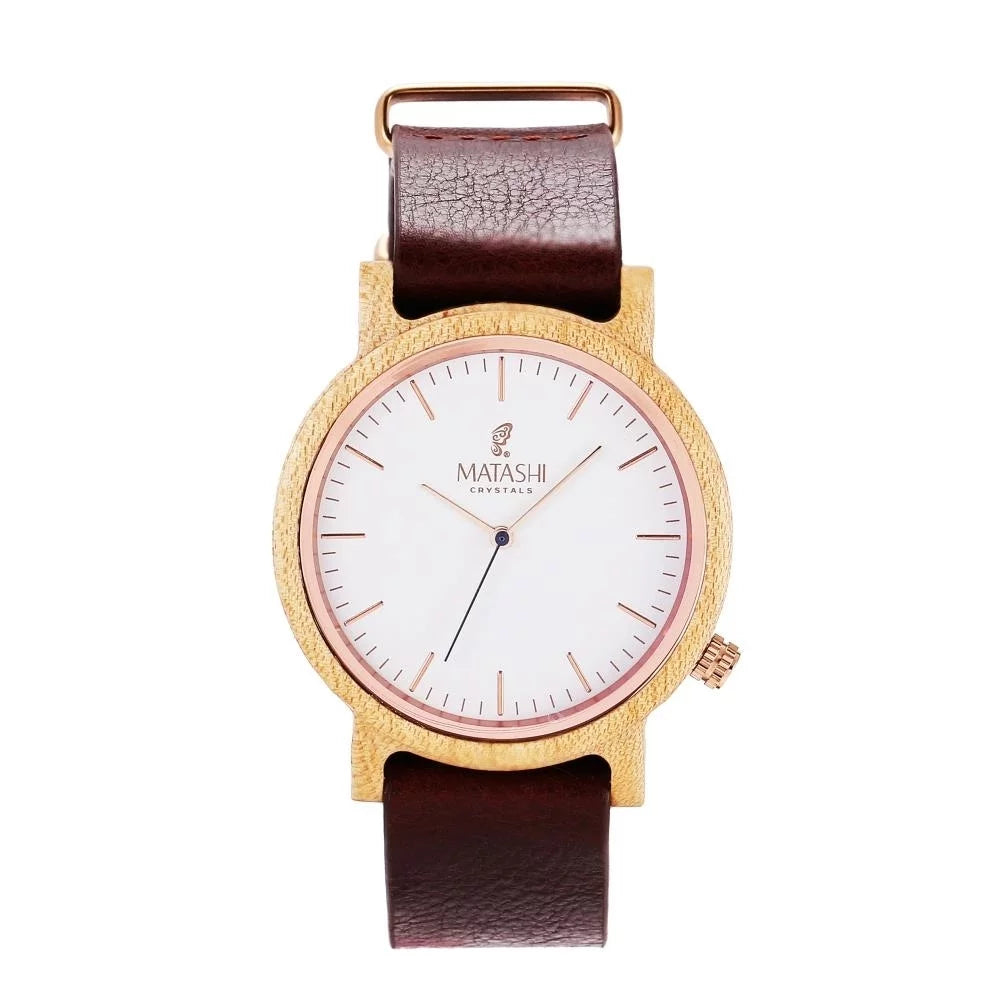 Matashi Mens and Womens Casual Wooden Wrist Watch w Brown Leather Strap, 1ATM Water Resistant, Business or Travel, Swiss
