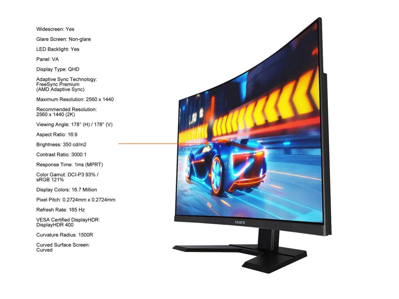 32" 165Hz 2K Curved Gaming Monitor 1ms FreeSync Premium Pro,  2560 x 1440, 93% -P3,  HDR400, 1 x DisplayPort 1.2, 2 x  2,0, 2 x  3.0 G32QC A