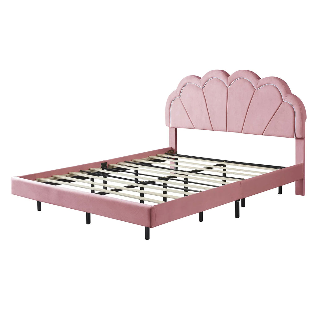 CoSoTower Queen Upholstered Smart  Bed Frame with Elegant Flowers Headboard,Floating Velvet Platform  Bed with Wooden Slats Support,Pink