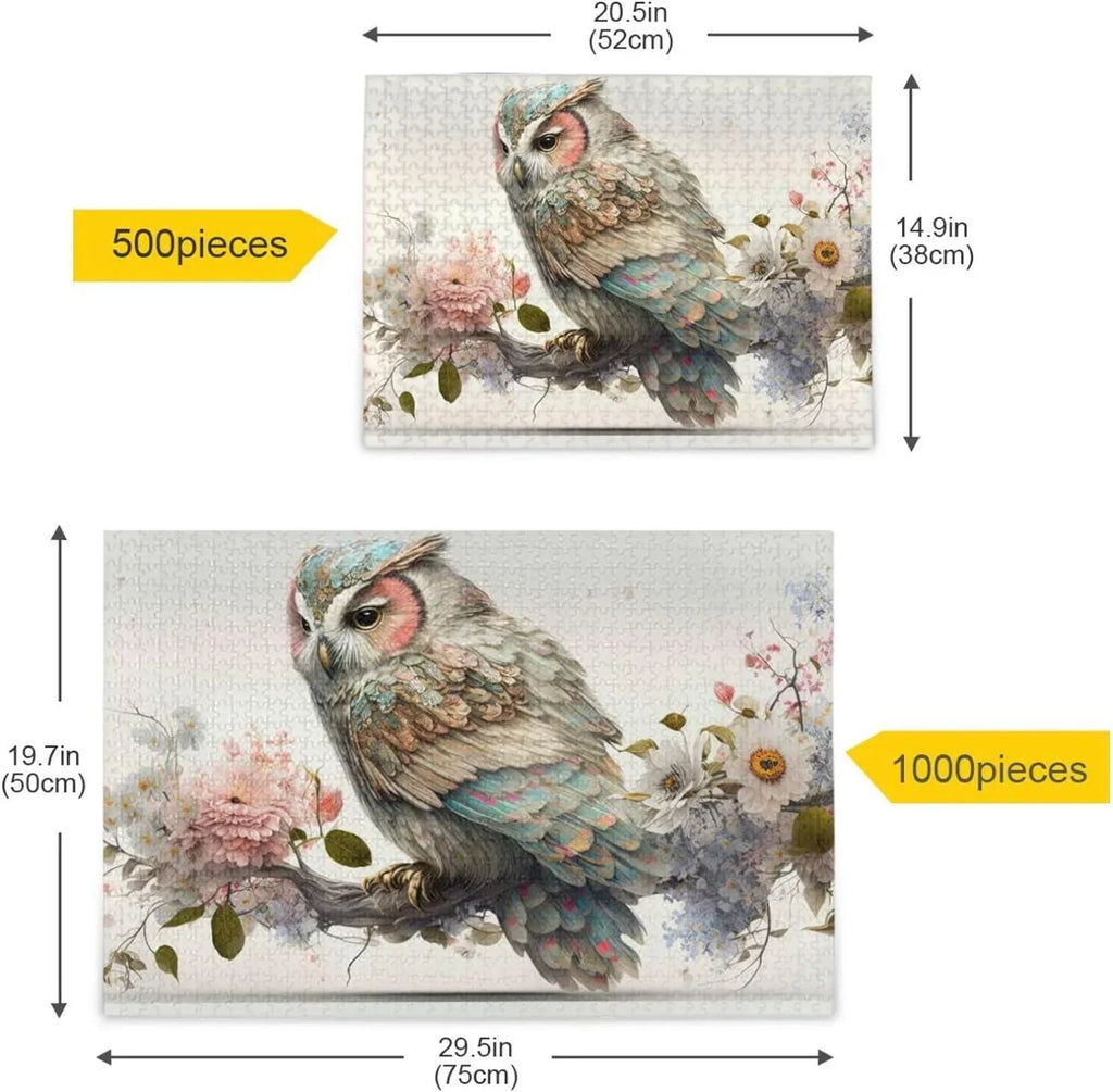 500  Art Floral Owl Jigsaw Puzzle, Paper Wood Composite Material Zigsaw with Storage Bag, Puzzle for Adults, Fun Challenging Brain Exercise Family Game Gift for Kids Friends Parents