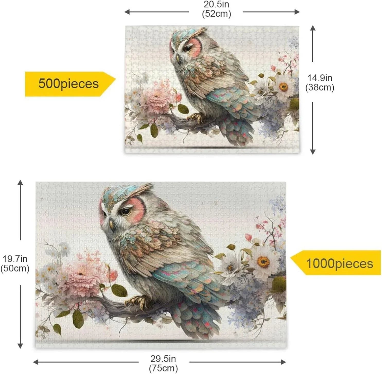 500  Art Floral Owl Jigsaw Puzzle, Paper Wood Composite Material Zigsaw with Storage Bag, Puzzle for Adults, Fun Challenging Brain Exercise Family Game Gift for Kids Friends Parents