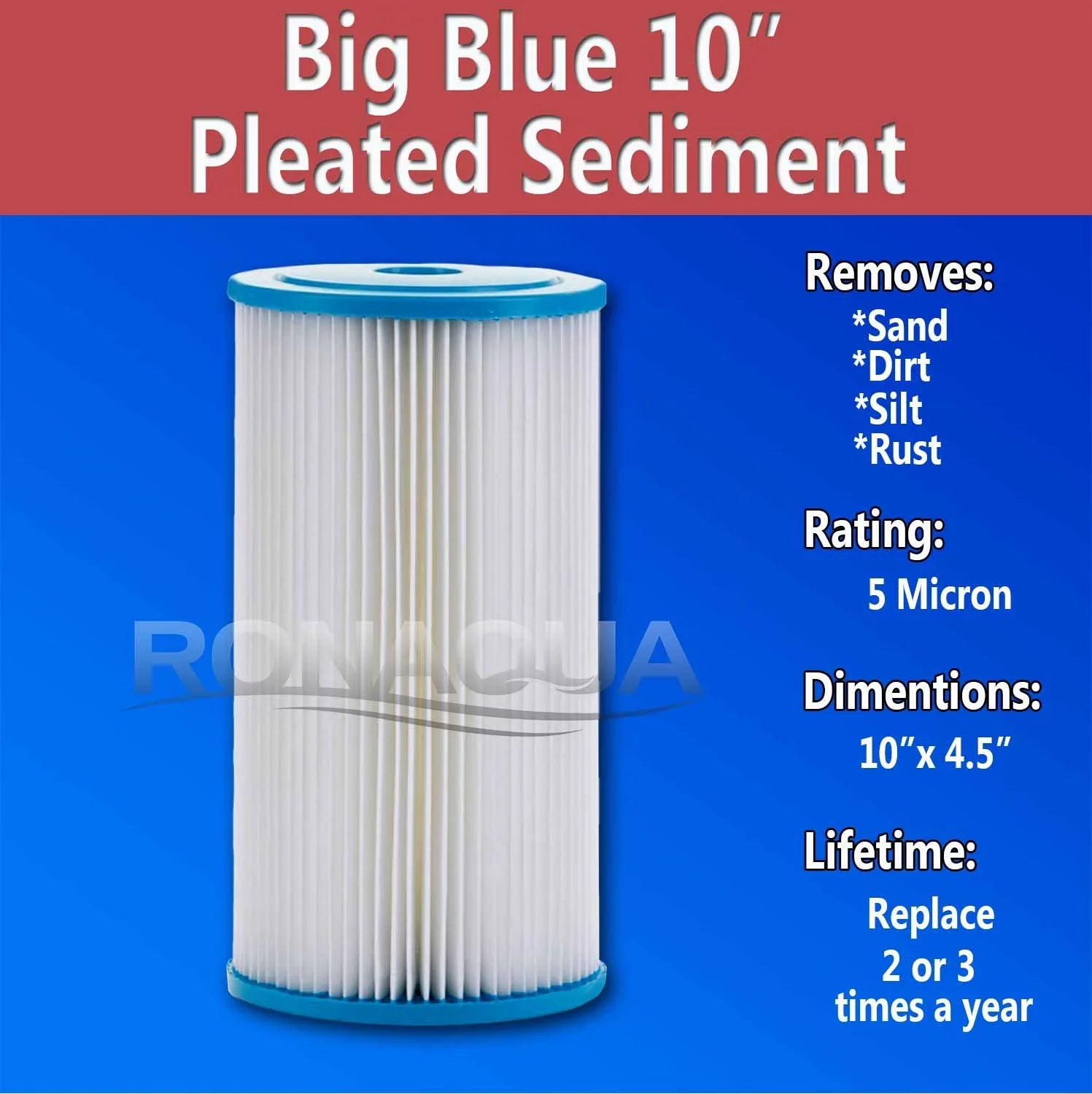Big Blue Pleated Washable & Reusable Sediment Filter 5 Micron Amplified Surface Area, Removes Sand, Dirt, Silt, Rust, Extended Filter Life for 10" Big Blue Housing by Ronaqua (Set of 6)