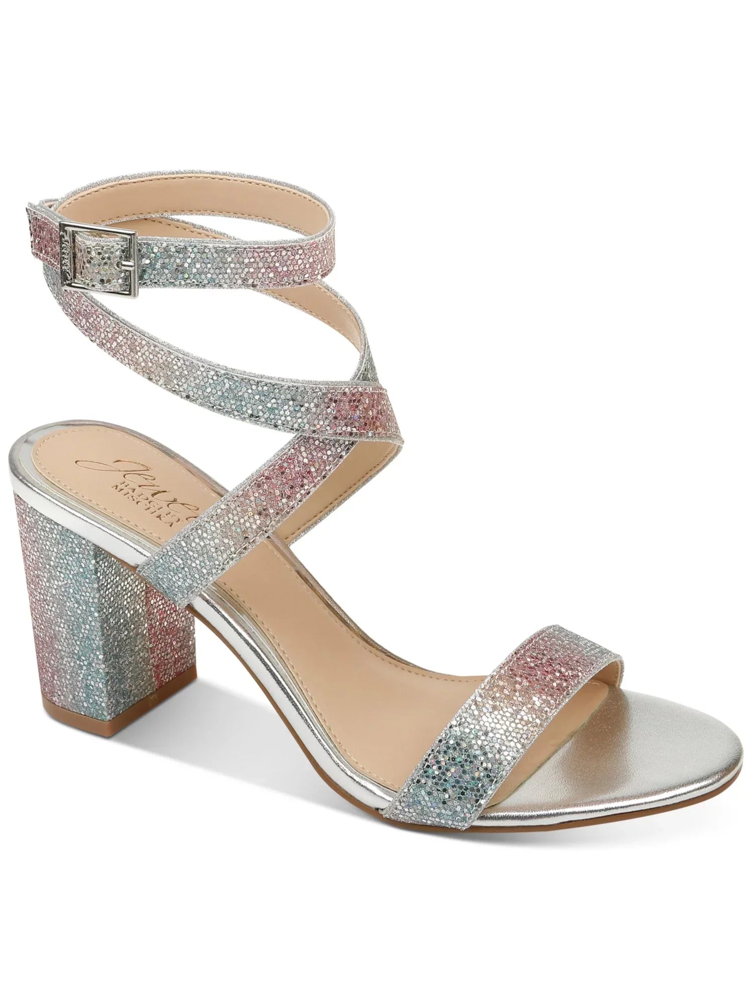 Womens Rainbow Silver Iridescent Adjustable Ankle Strap Glitter Padded Newberry Round Toe Block Heel Buckle Dress Sandals Shoes 9.5