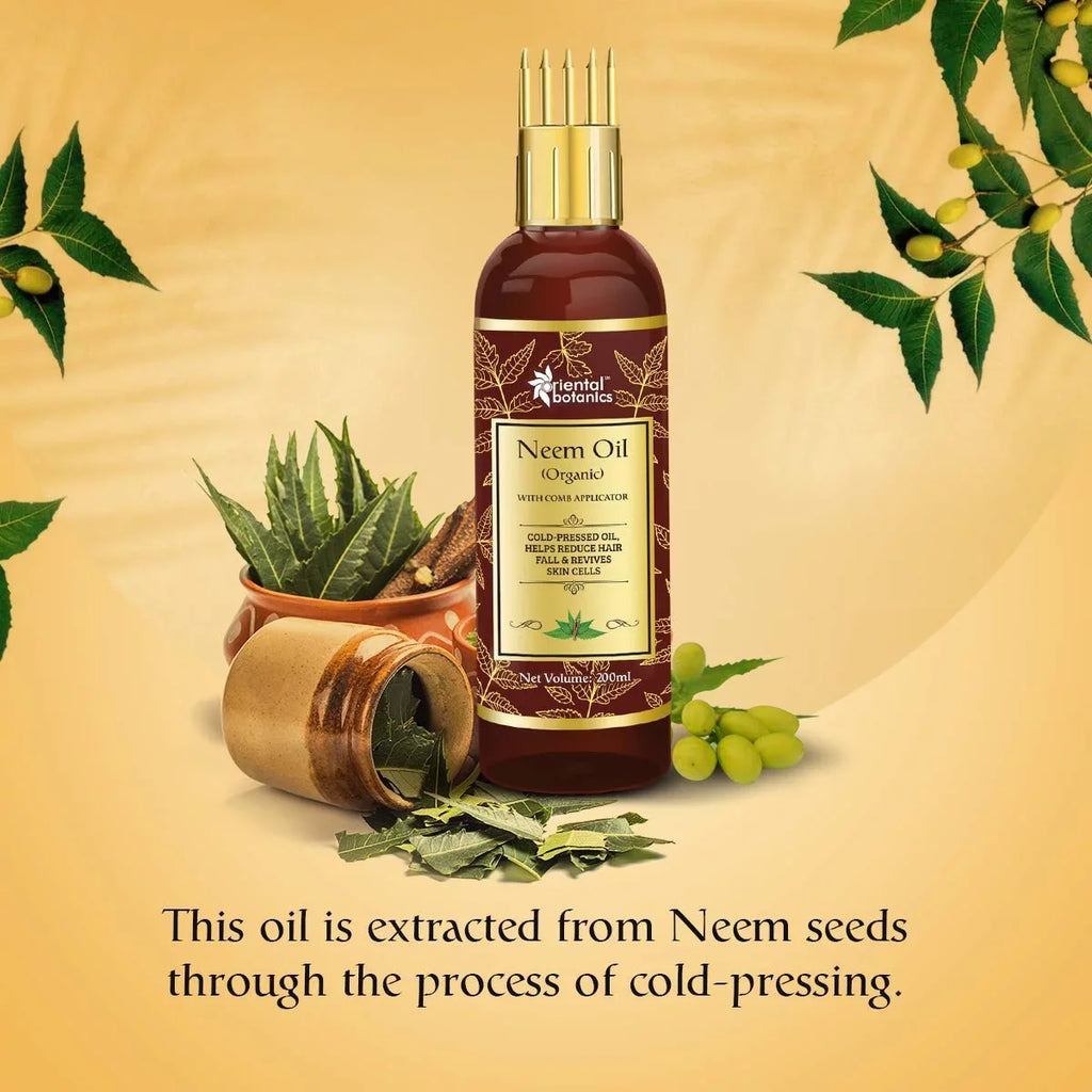Oriental Botanics Organic Neem Oil 200ml for Hair and Skin Care - With Comb Applicator - Pure Oil with No Mineral Oil, Silicones