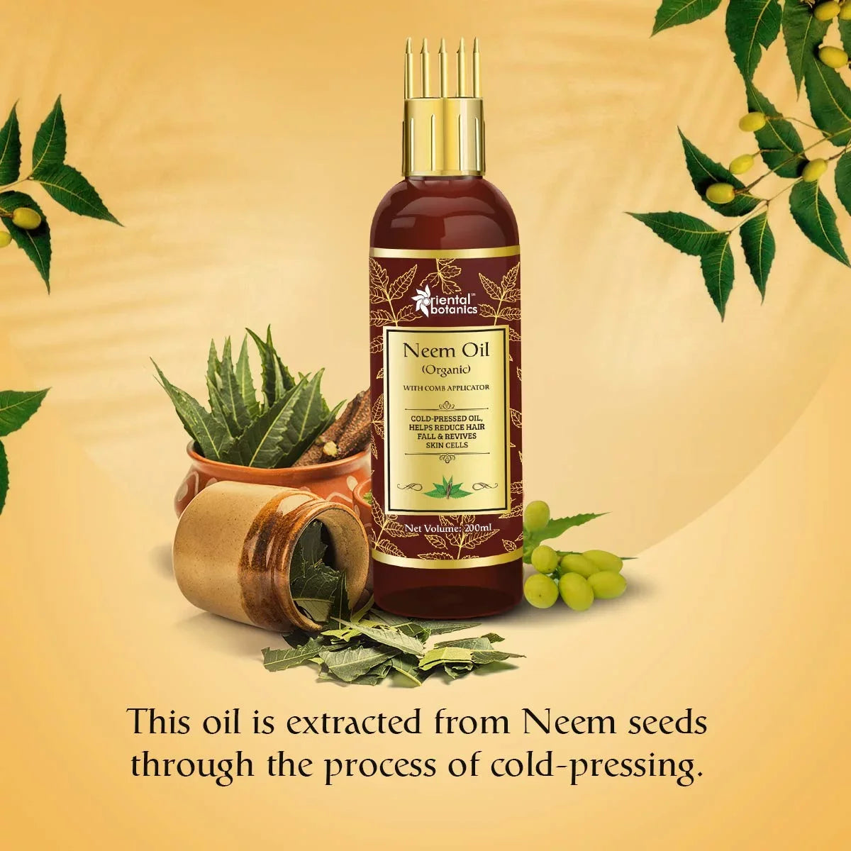 Oriental Botanics Organic Neem Oil 200ml for Hair and Skin Care - With Comb Applicator - Pure Oil with No Mineral Oil, Silicones