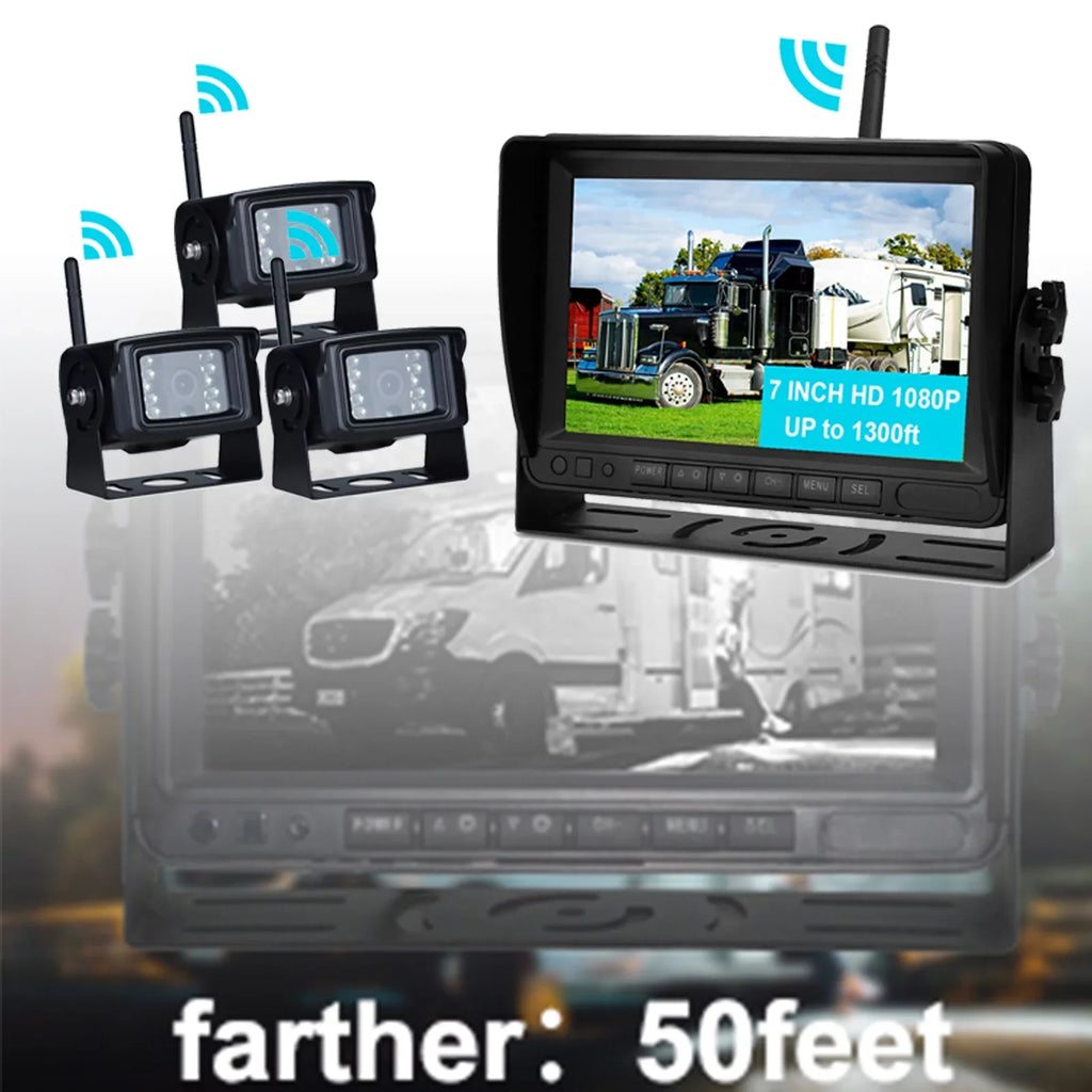 7" Display  1080P Wireless 3CH Rear View Backup Camera Kit for Truck Trailer