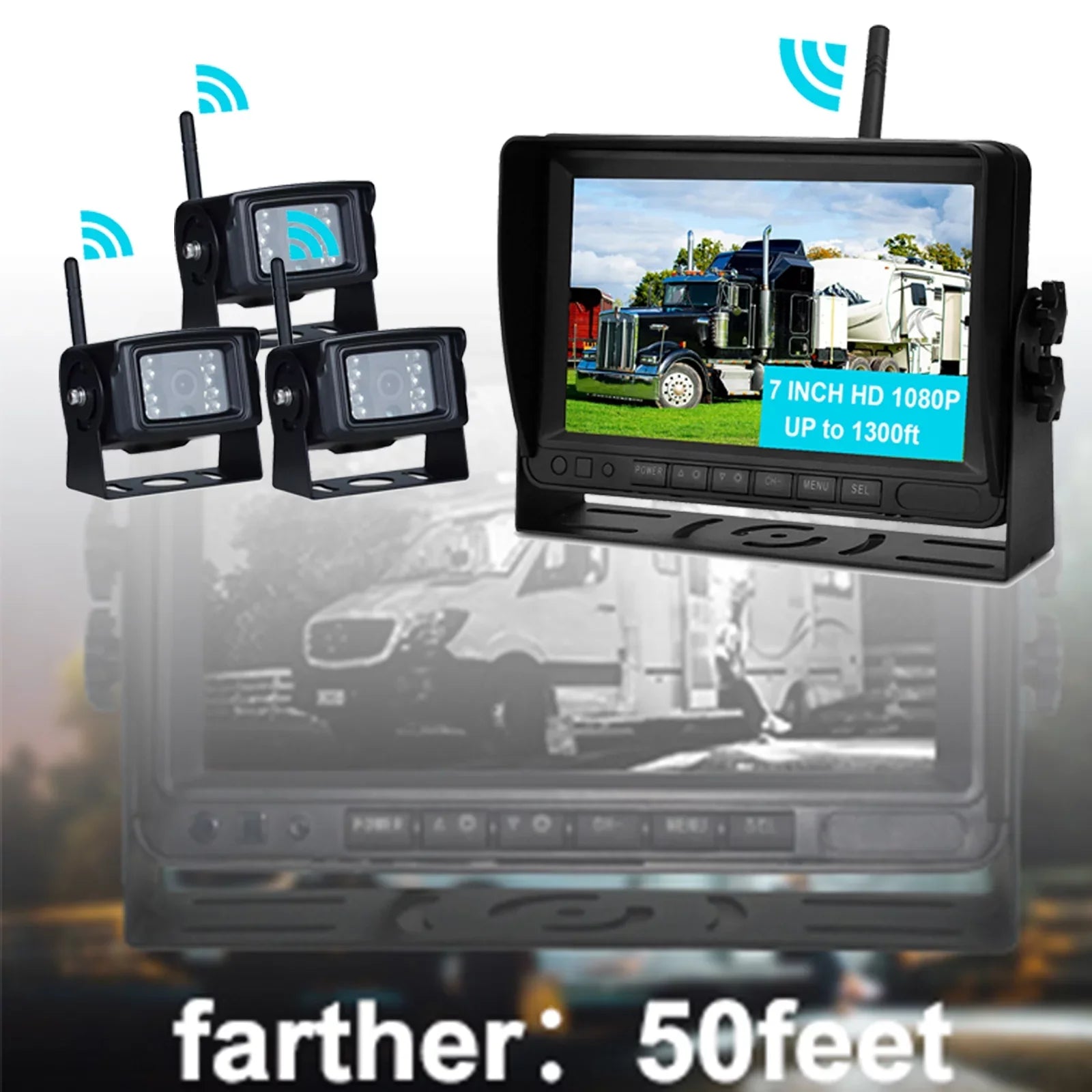 7" Display  1080P Wireless 3CH Rear View Backup Camera Kit for Truck Trailer