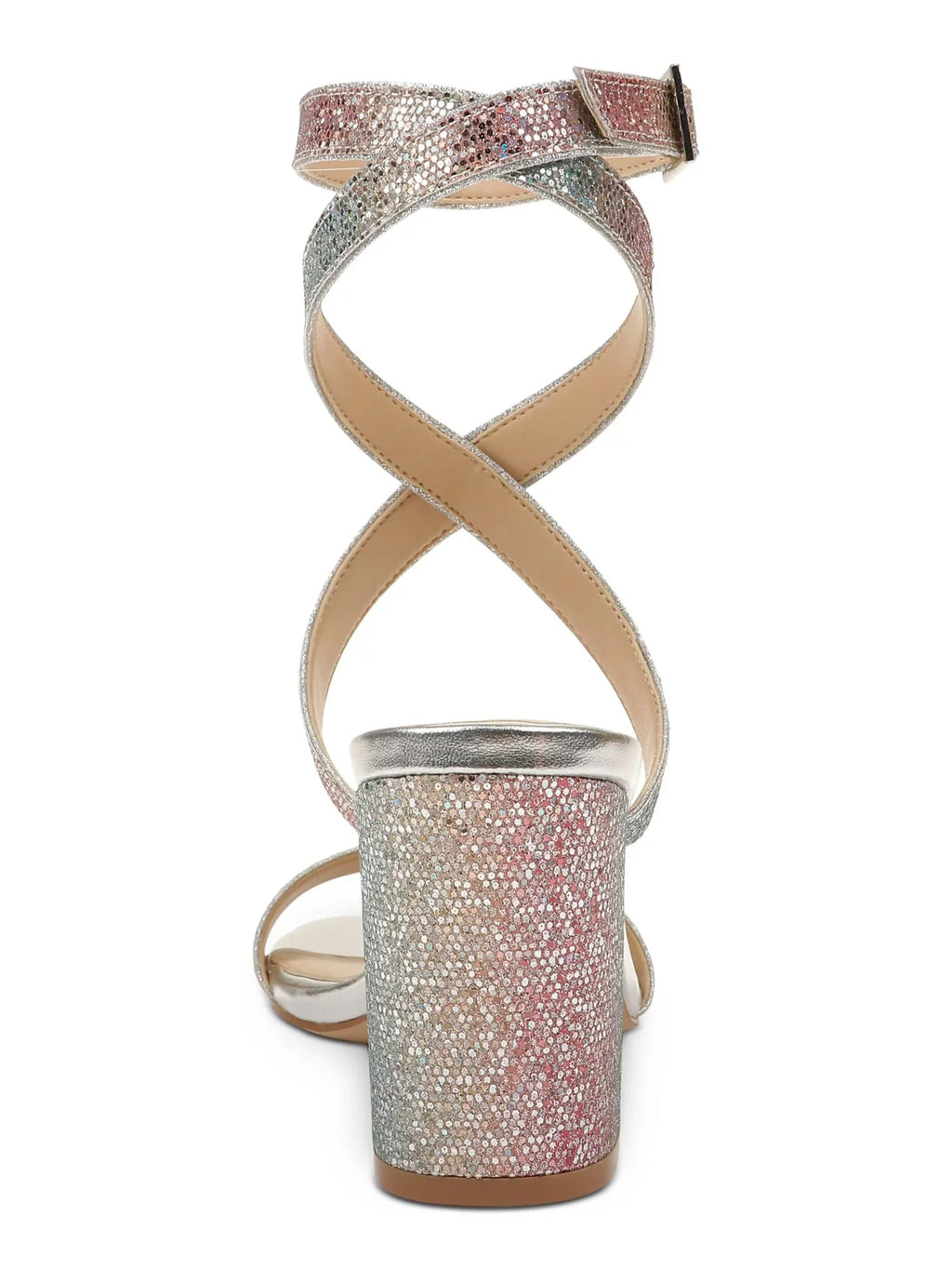 Womens Rainbow Silver Iridescent Adjustable Ankle Strap Glitter Padded Newberry Round Toe Block Heel Buckle Dress Sandals Shoes 9.5