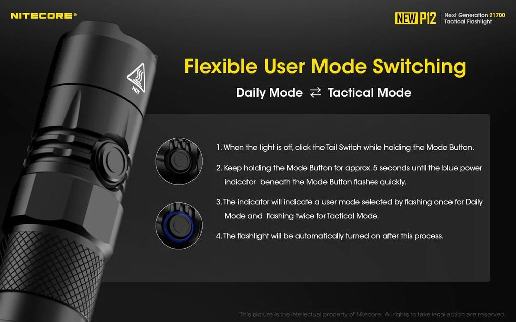 Nitecore New P12 Version  Flashlight - 1200 Lumens w/NL2150HPR Battery,  Cord,  and  3Amp Wall Adapter