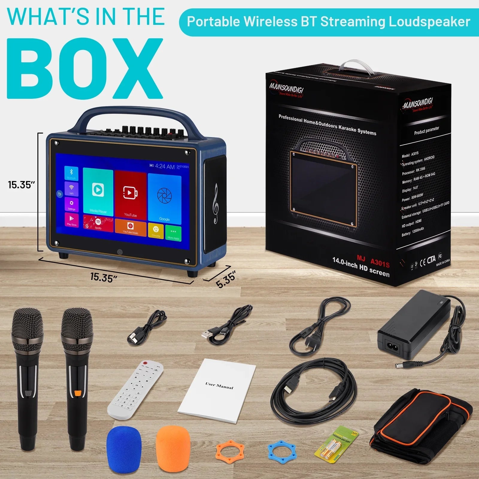 Portable Karaoke Machine Systems Wireless  Streaming Loudspeaker for Adults&Kid,14” Touch Screen/Android 12/4+64G,Support Microphone/WiFi/////Phones/
