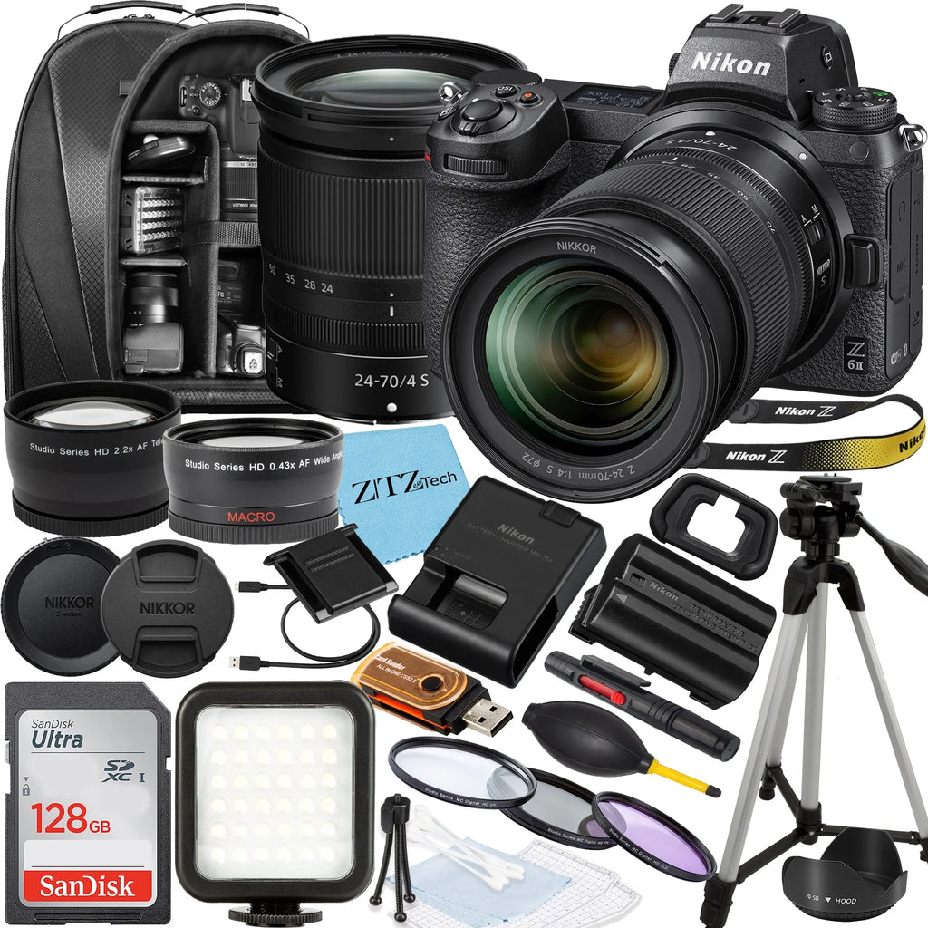Nikon Z6  Mirrorless Camera with  Z 24-70mm f/4 S Lens, SanDisk 128GB Memory Card, Backpack, Flash, Tripod and ZeeTech Accessory Bundle